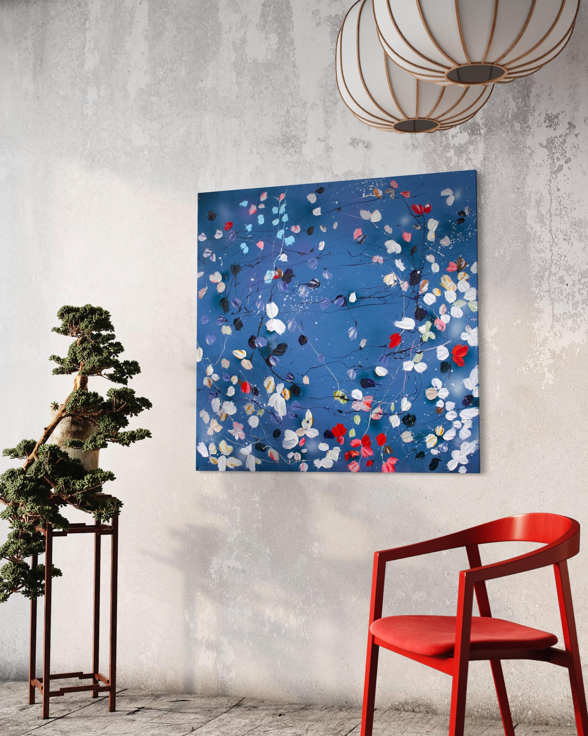 Grande peinture carrée bleue florale « Floral September » en vente 7