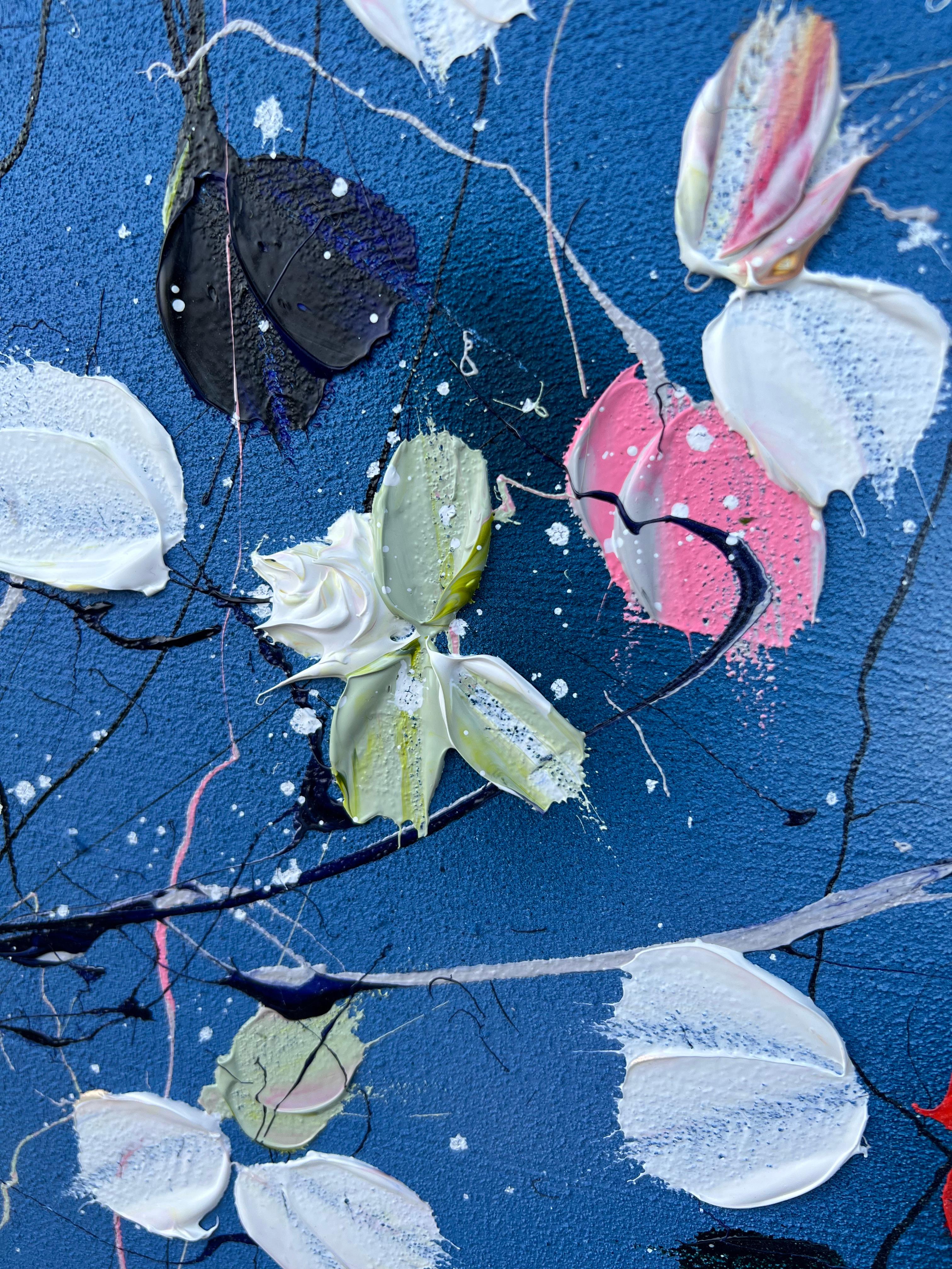 Grande peinture carrée bleue florale « Floral September » en vente 1