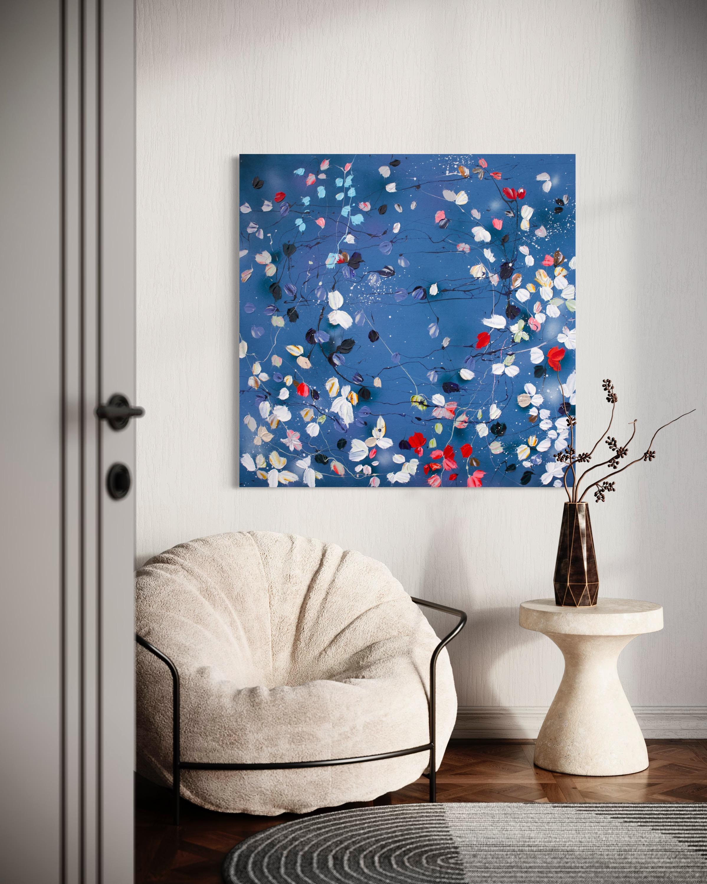 Grande peinture carrée bleue florale « Floral September » en vente 2