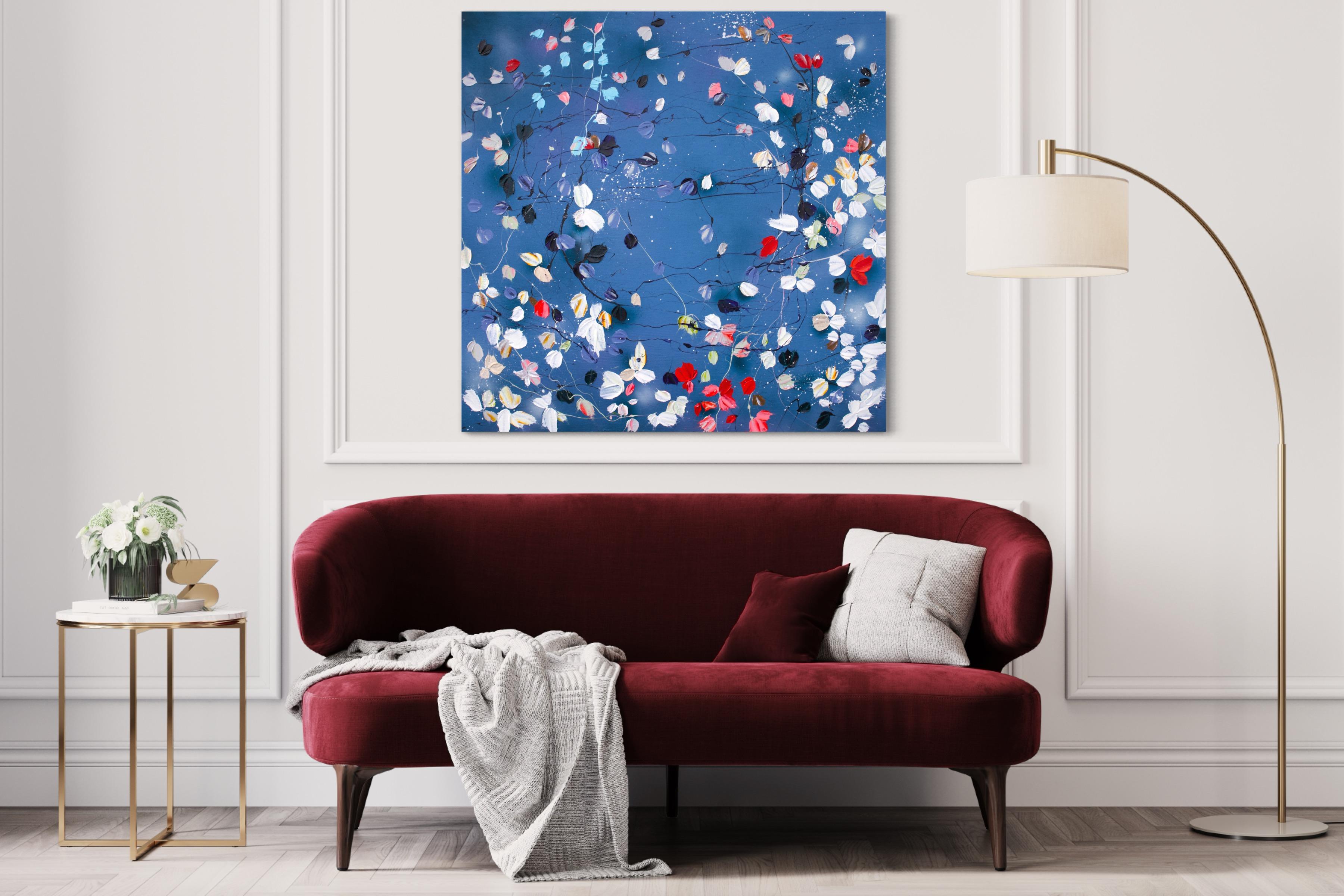 Grande peinture carrée bleue florale « Floral September » en vente 4
