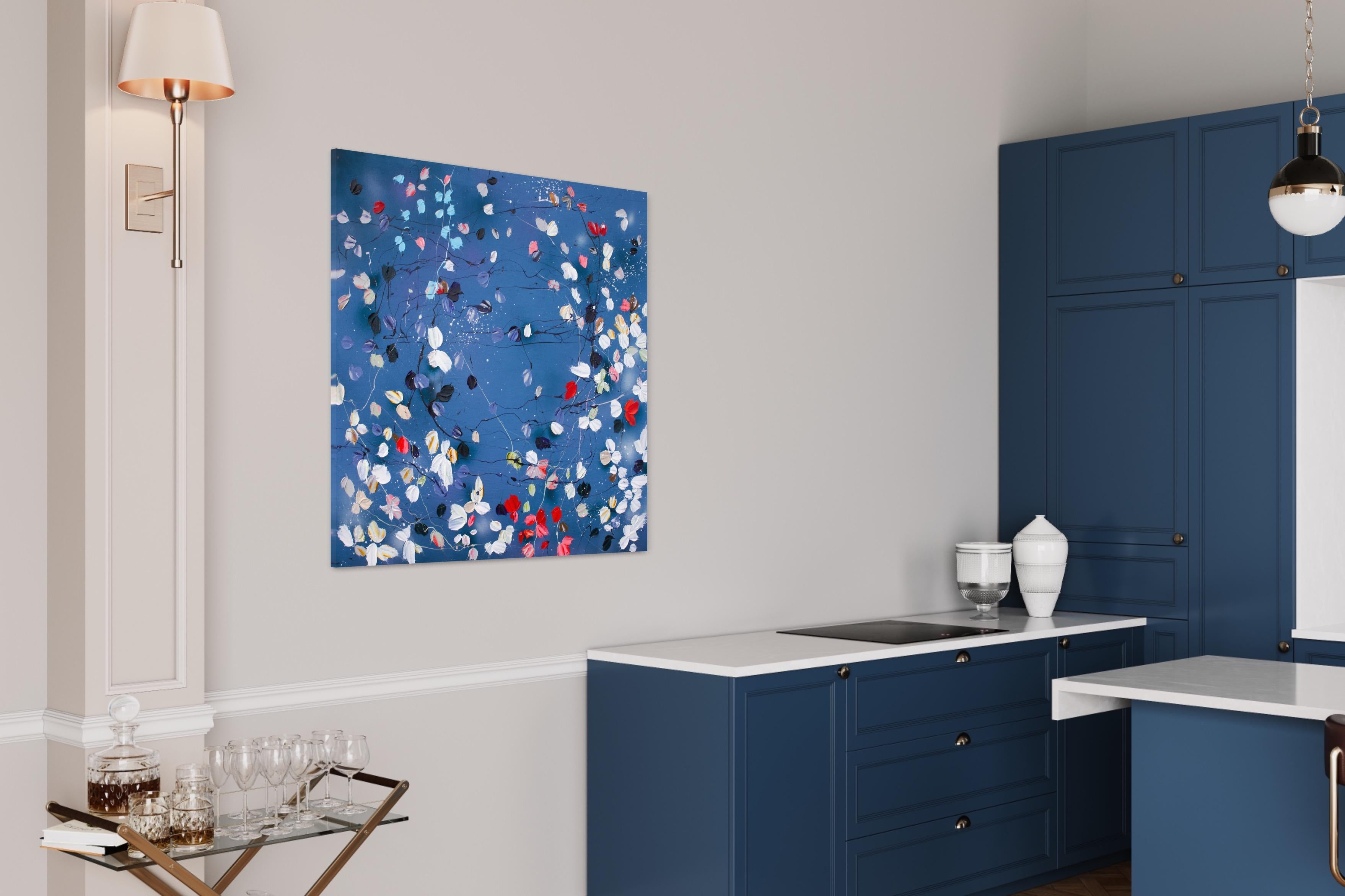 Grande peinture carrée bleue florale « Floral September » en vente 5