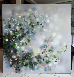 "Floral Spaciousness" grey white extra large painting on canvas, rose landscape