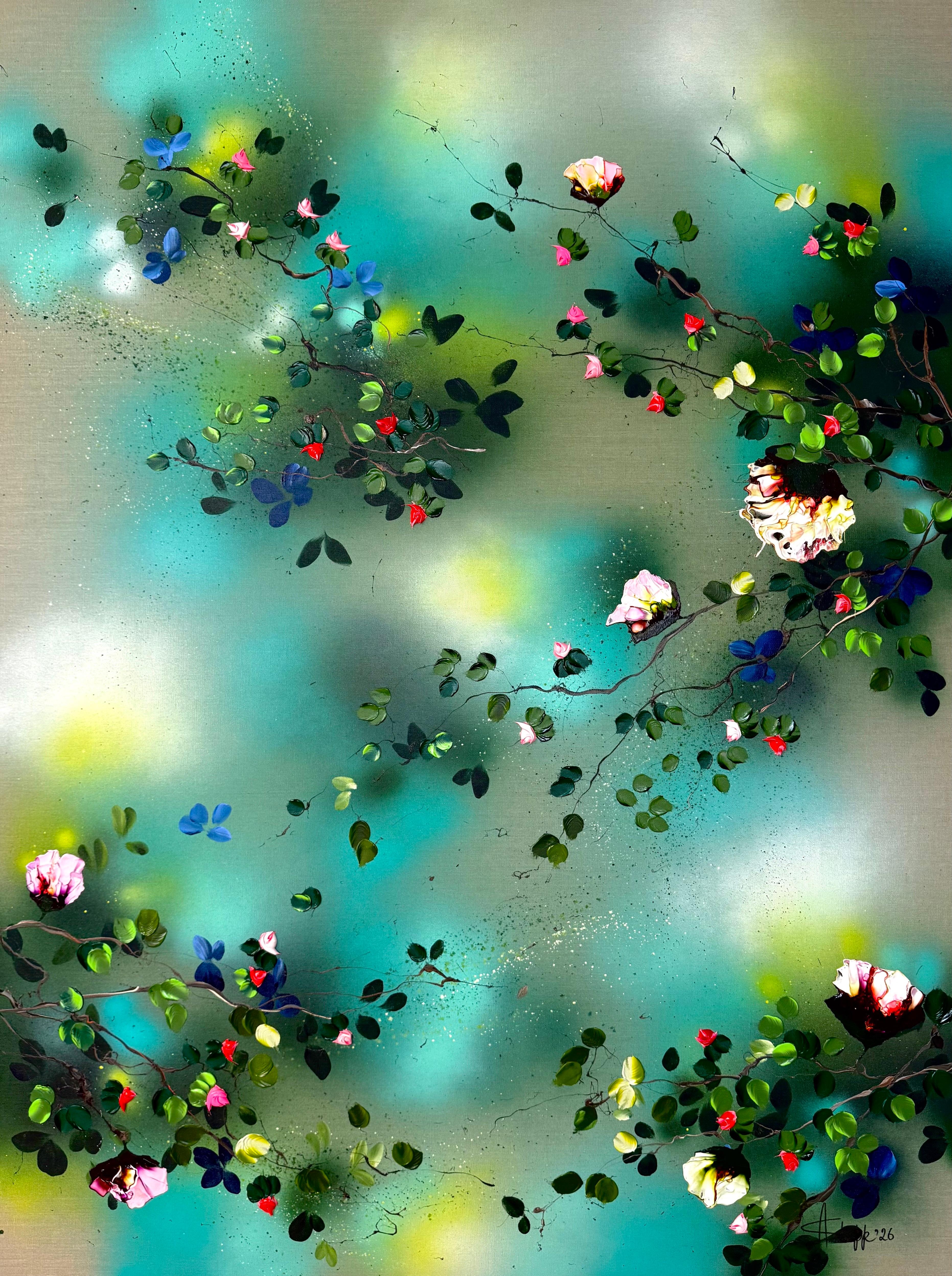 Flower Bomb -  extra large painting on canvas, teal, pink, green bright colors