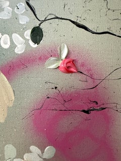 "Flower Bomb"  extra large painting on linen canvas, rose garden, yellow, beige