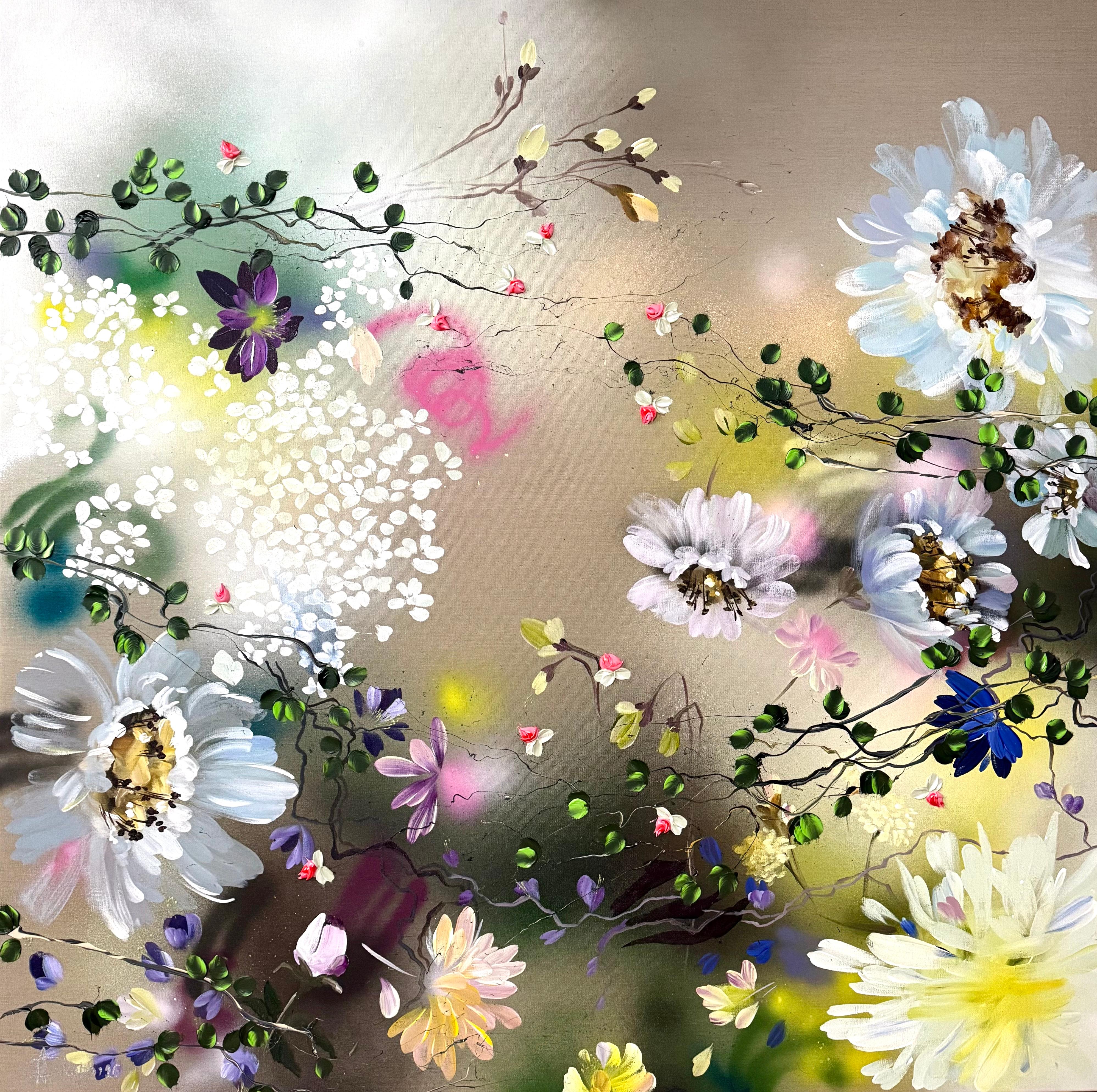 Anastassia Skopp Interior Painting – "Flower Bomb"  extra large painting on linen canvas, rose garden, yellow, beige