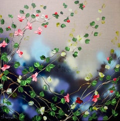 Flowers in Silent Harmony - peinture impressionniste avec roses sur toile de lin