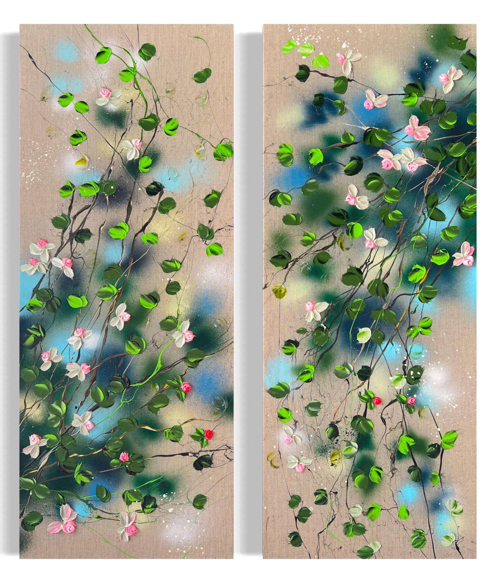 Landscape Painting de Anastassia Skopp - "Flying Blooms" díptico muy grande sobre lino, arte impresionista colorista