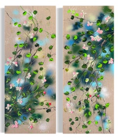 "Flying Blooms" díptico muy grande sobre lino, arte impresionista colorista