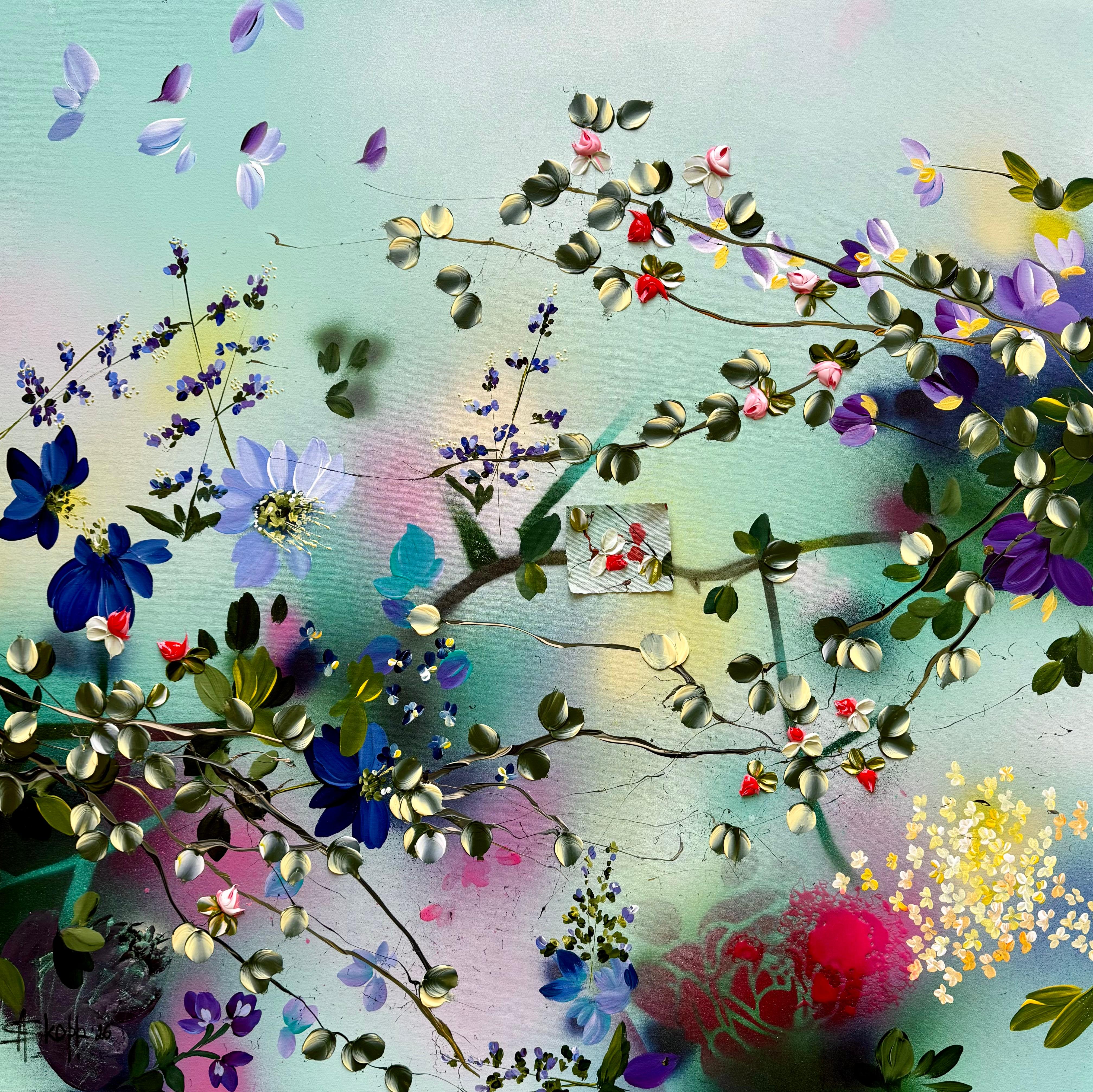 Fleurs fragmentées - grand empâtement floral conceptuel peinture texturée sur toile