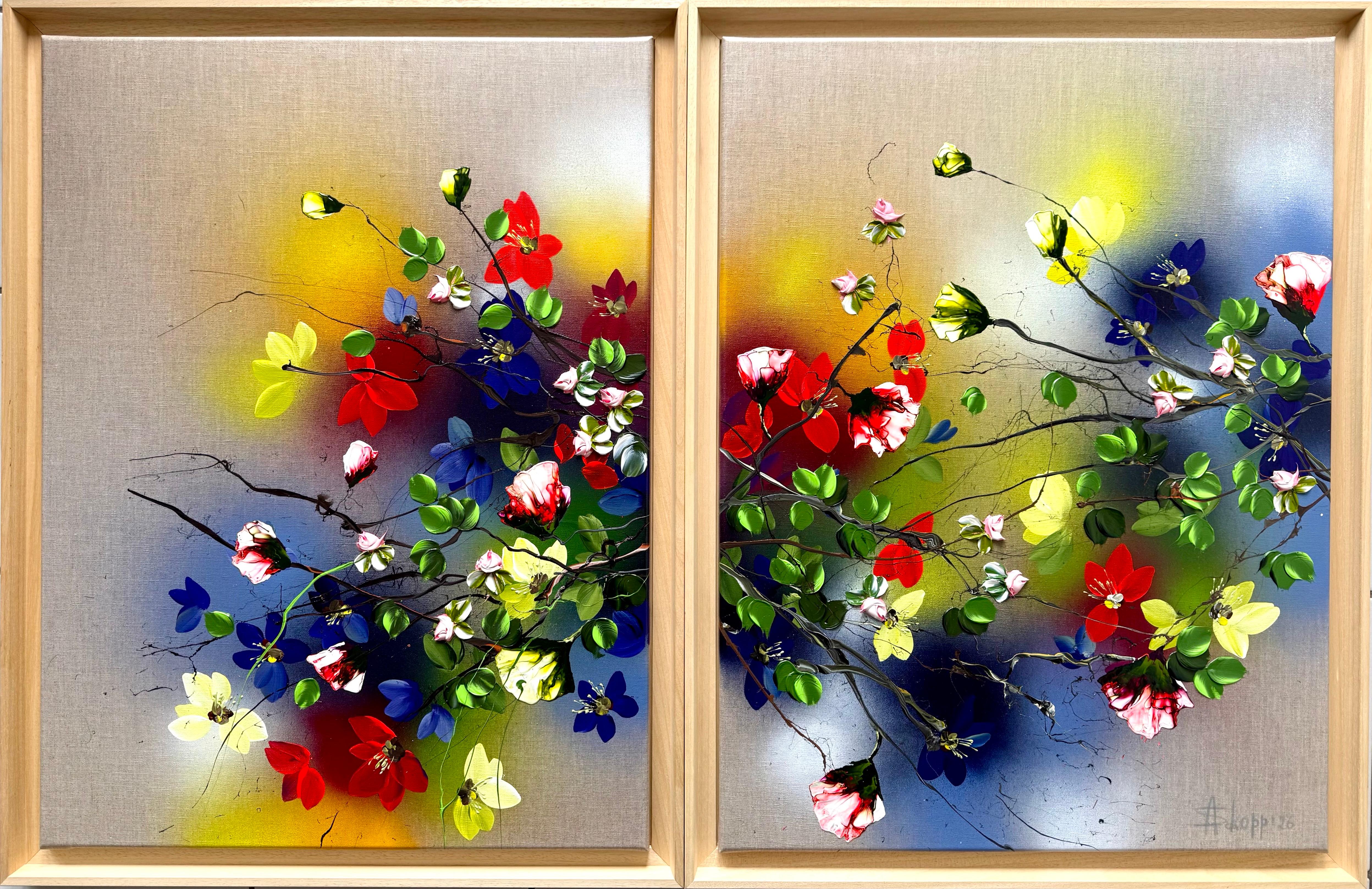 Diptyque encadré Grand tableau contemporain floral et coloré - Light Field