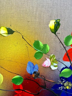 Cuadro enmarcado "Campo de luz I" con flores rosas sobre gran lienzo de lino