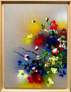 Cuadro enmarcado "Campo de luz I" con flores rosas sobre gran lienzo de lino