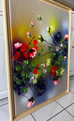 Framed painting "Light Field II" with flowers roses on large linen canvas
