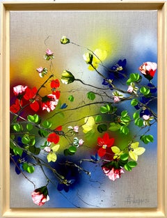Framed painting "Light Field II" with flowers roses on large linen canvas