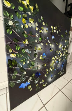 "Garden at Night" black white square floral romantic textured painting on canvas