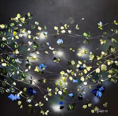 "Garden at Night" black white square floral romantic textured painting on canvas