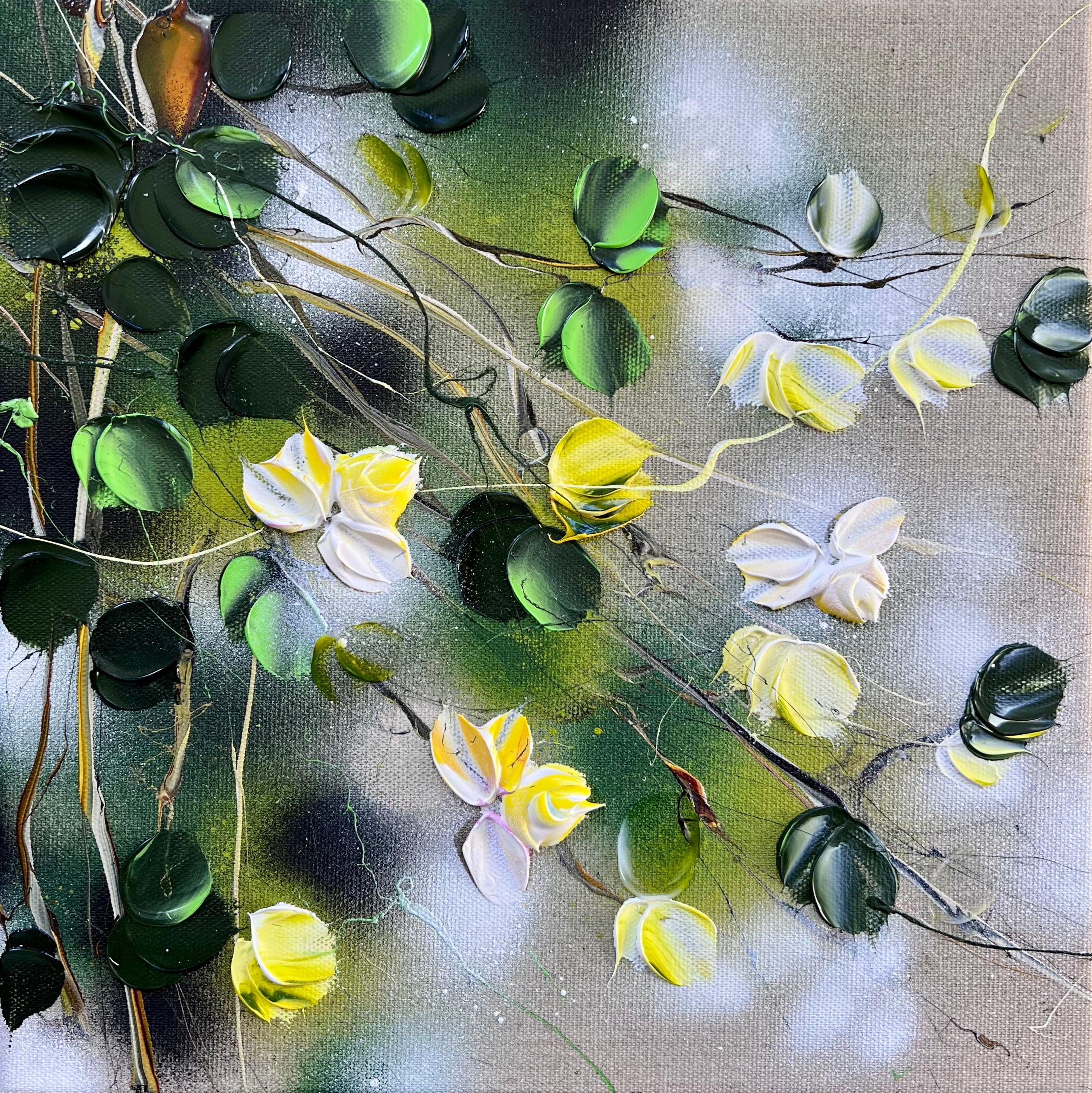 Abstract Painting di Anastassia Skopp - Garden Flowers IV - piccola opera d'arte floreale con rose gialle