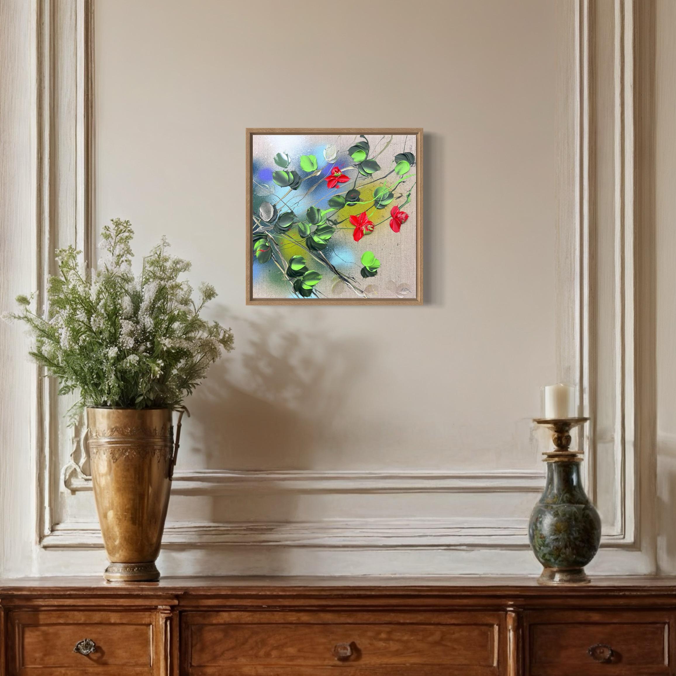 Garden Flowers V - piccola opera d'arte floreale originale con rose rosse impressionistiche in vendita 6