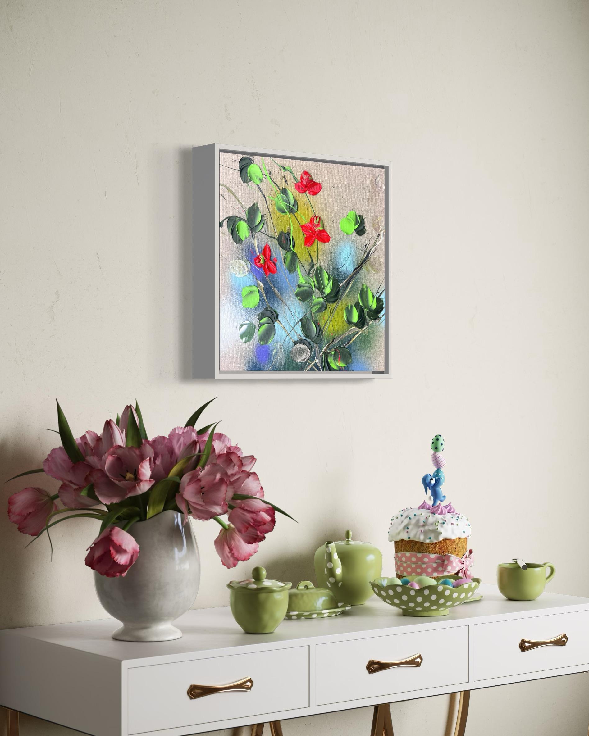 Garden Flowers V - piccola opera d'arte floreale originale con rose rosse impressionistiche in vendita 7