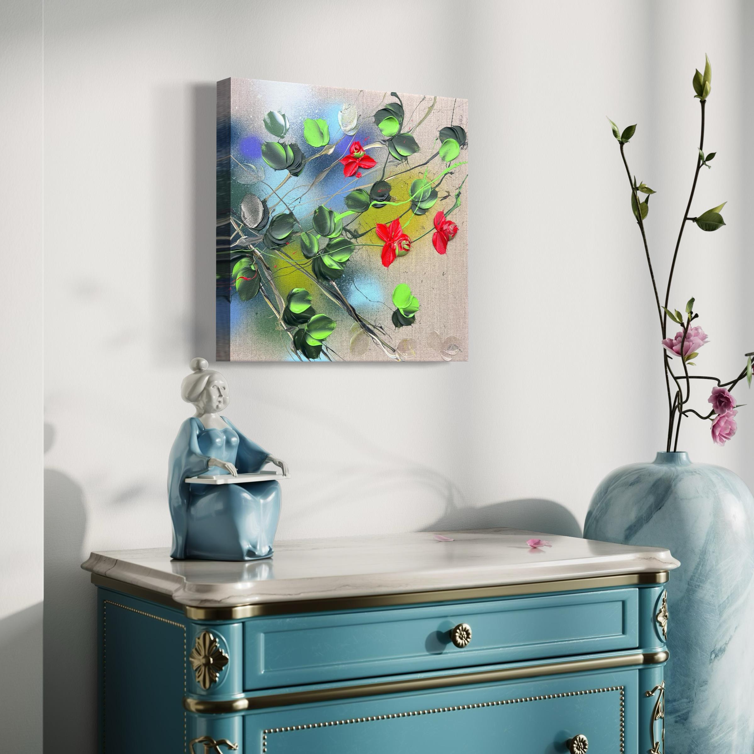 Garden Flowers V - piccola opera d'arte floreale originale con rose rosse impressionistiche in vendita 8