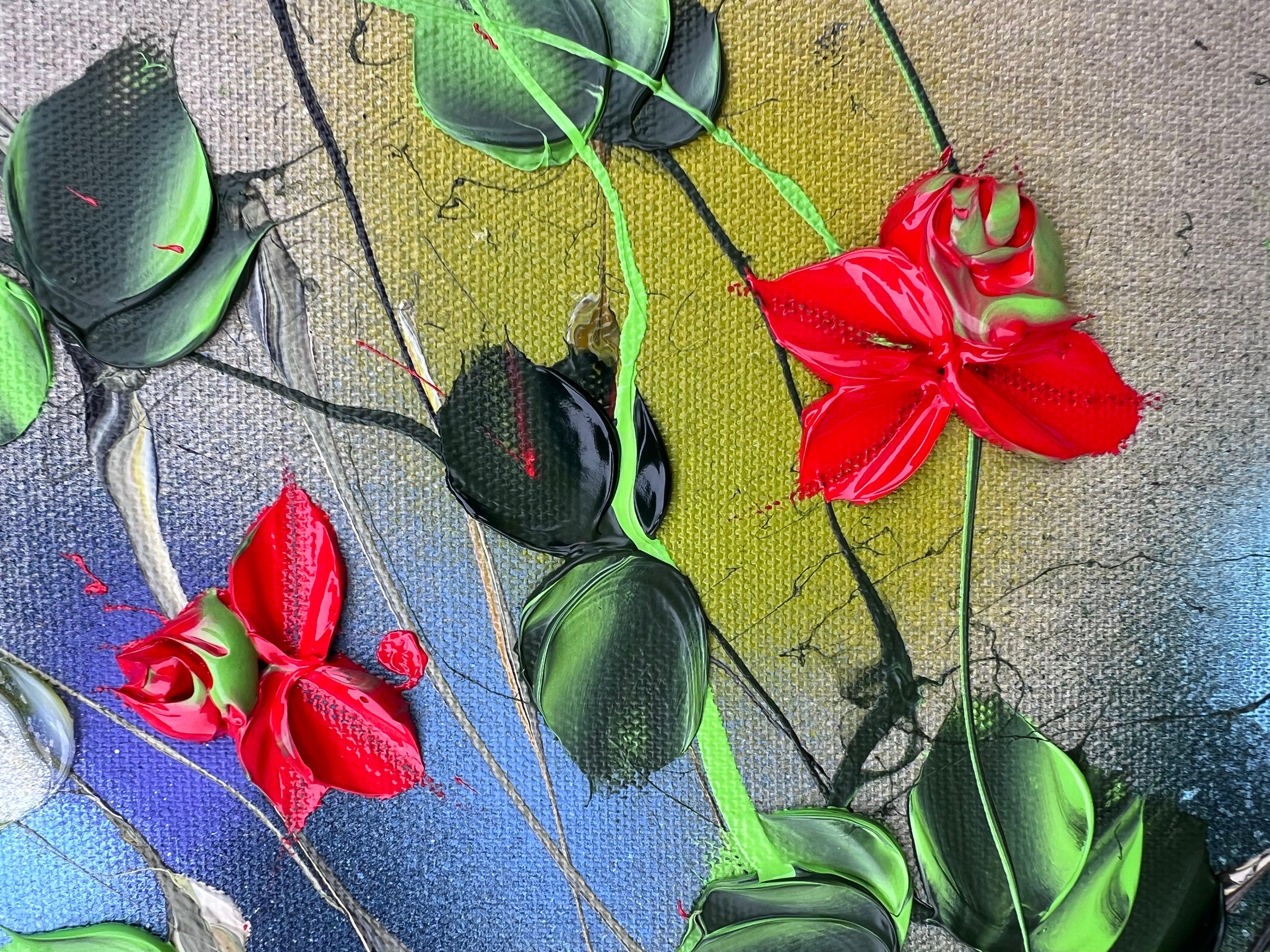 Garden Flowers V - piccola opera d'arte floreale originale con rose rosse impressionistiche - Painting di Anastassia Skopp