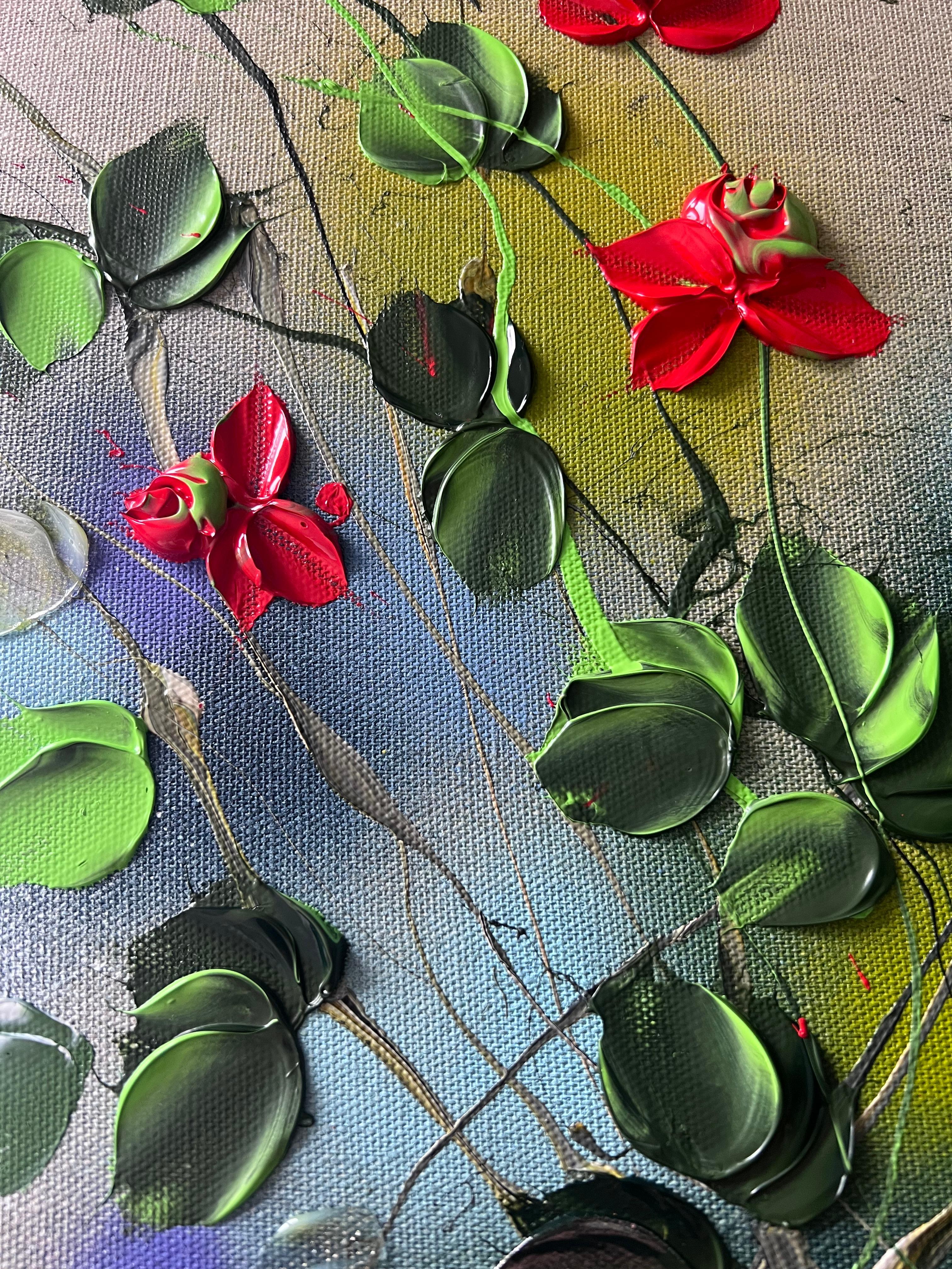 Garden Flowers V - piccola opera d'arte floreale originale con rose rosse impressionistiche - Abstract Painting Grigio di Anastassia Skopp