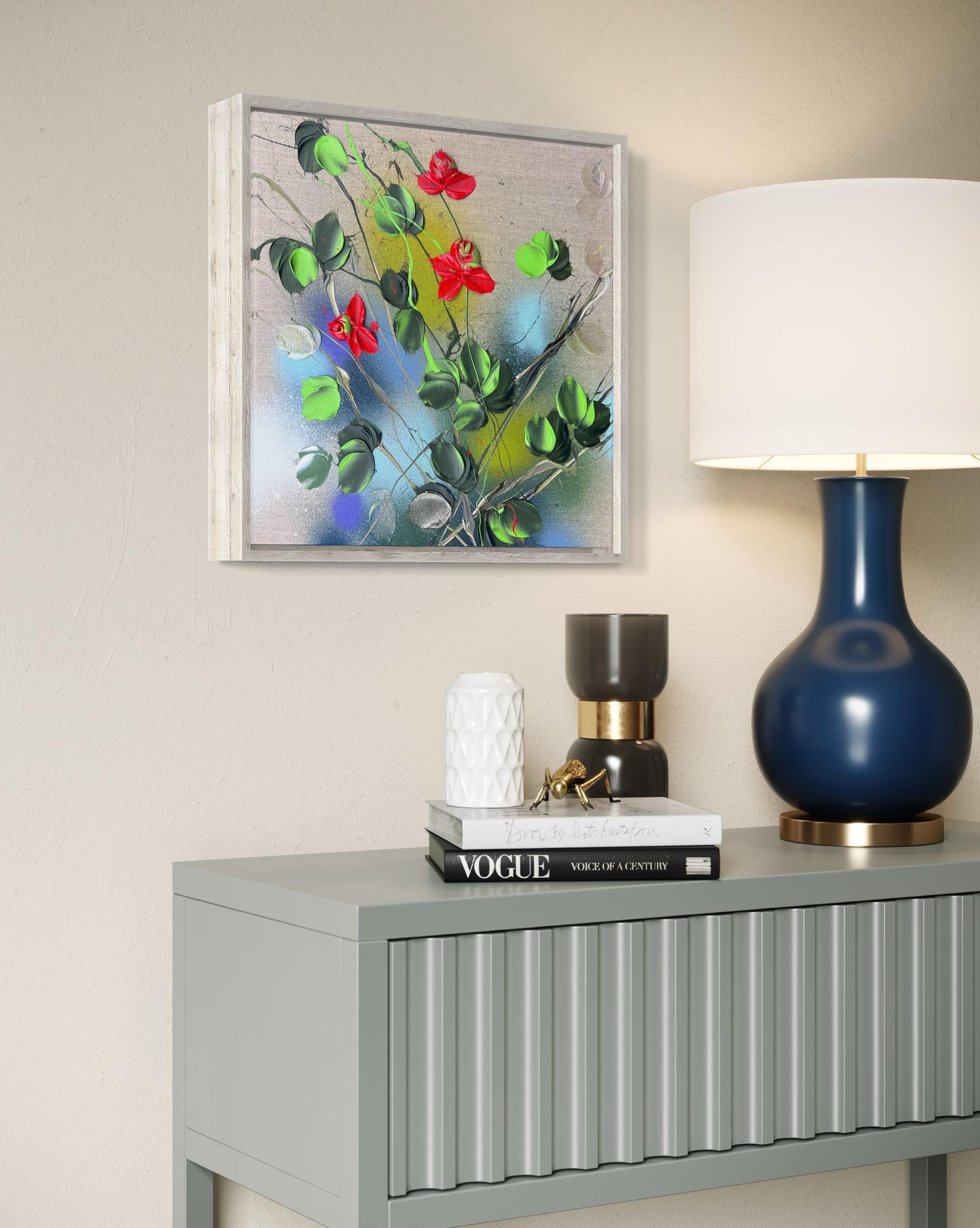 Garden Flowers V - piccola opera d'arte floreale originale con rose rosse impressionistiche in vendita 1
