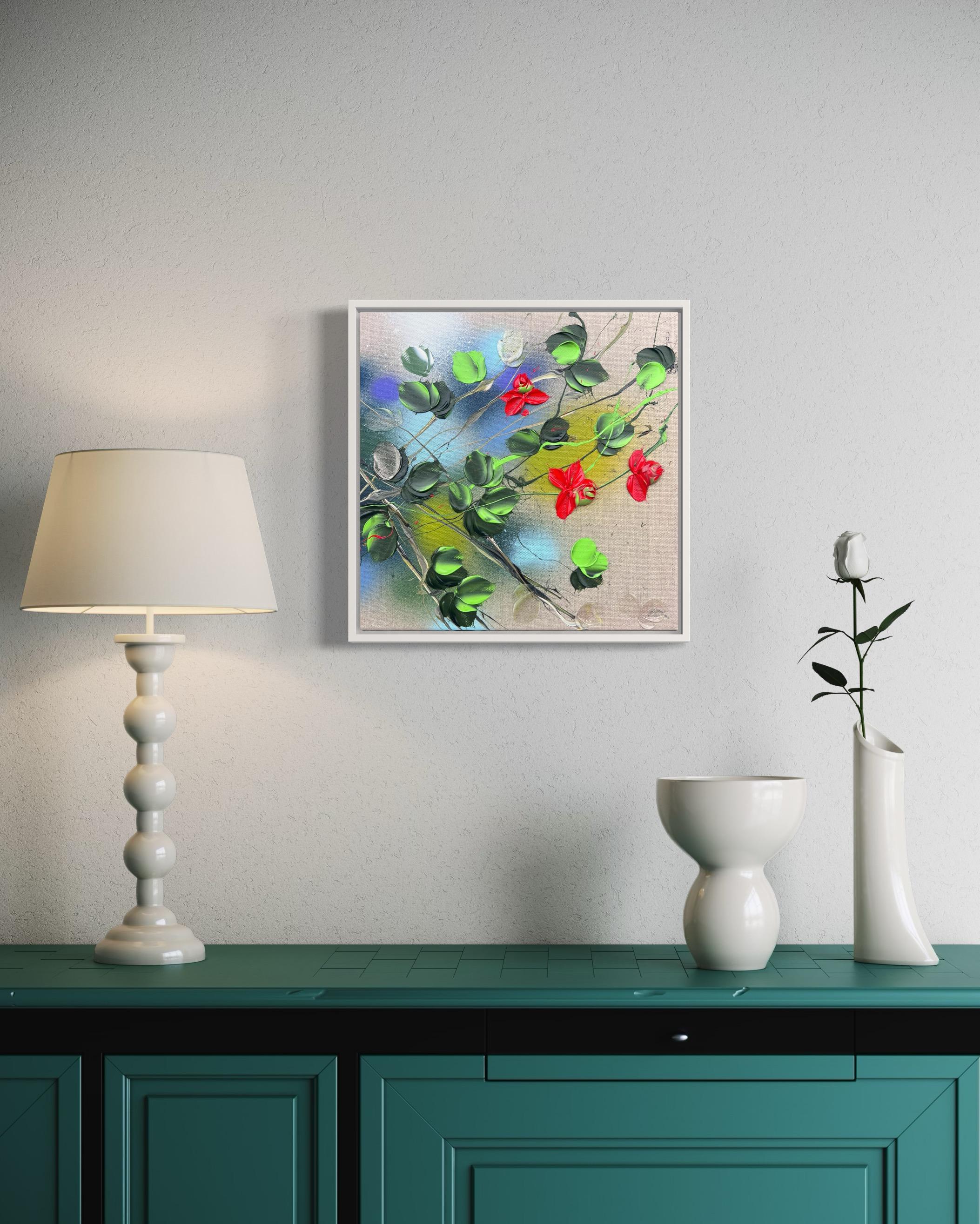 Garden Flowers V - piccola opera d'arte floreale originale con rose rosse impressionistiche in vendita 2