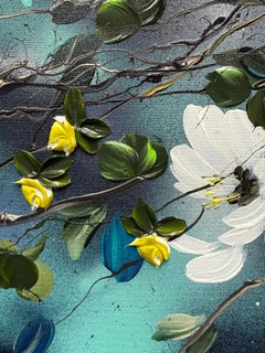 "Bourgeons d'or dans l'air turquoise" peinture impressionniste fleurs sur toile de lin