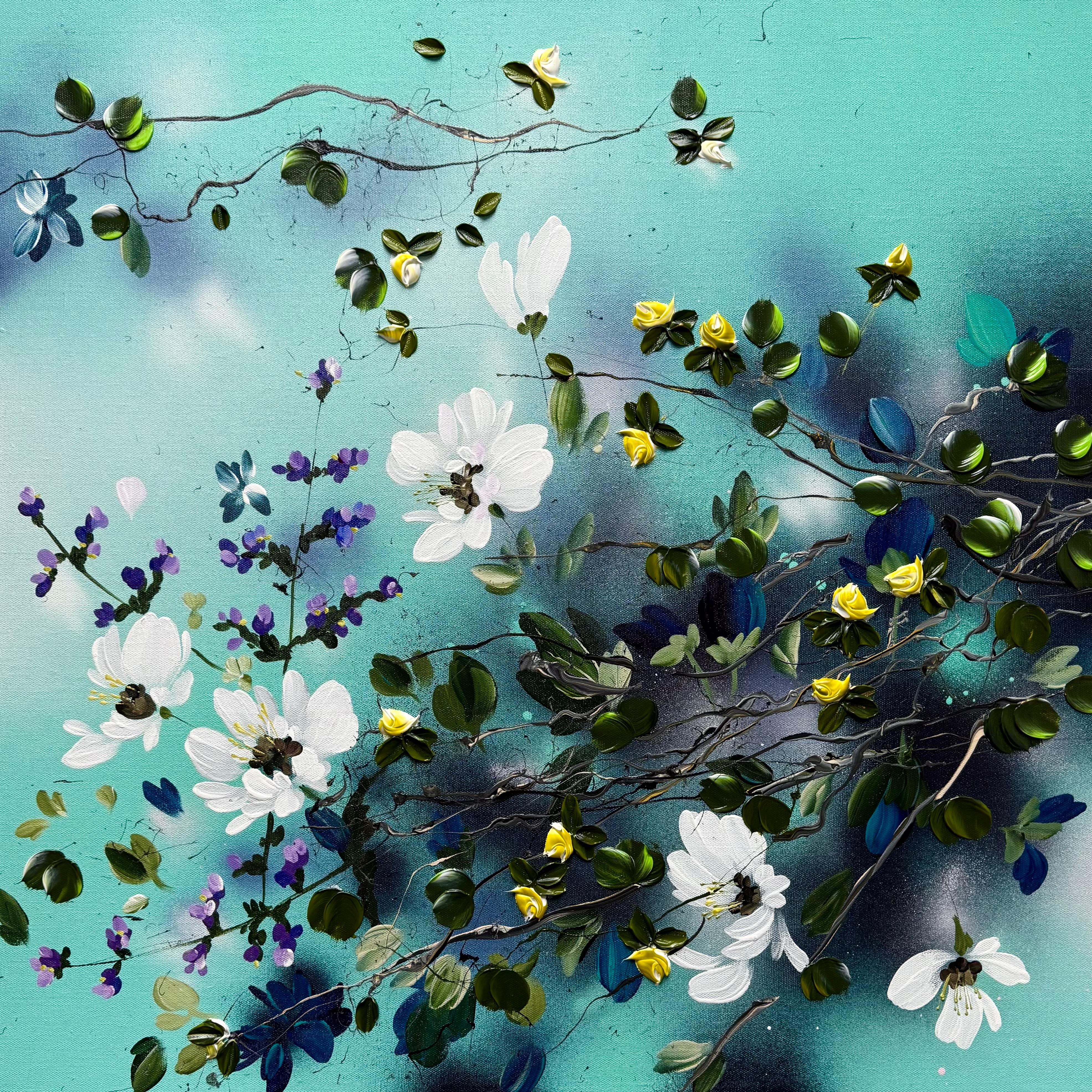 Anastassia Skopp Interior Painting - "Golden Buds in Turquoise Air" impressionistic painting flowers on linen canvas