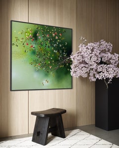 Green Canopy - large impasto red pink roses square textured painting on canvas