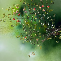 Green Canopy - large impasto red pink roses square textured painting on canvas