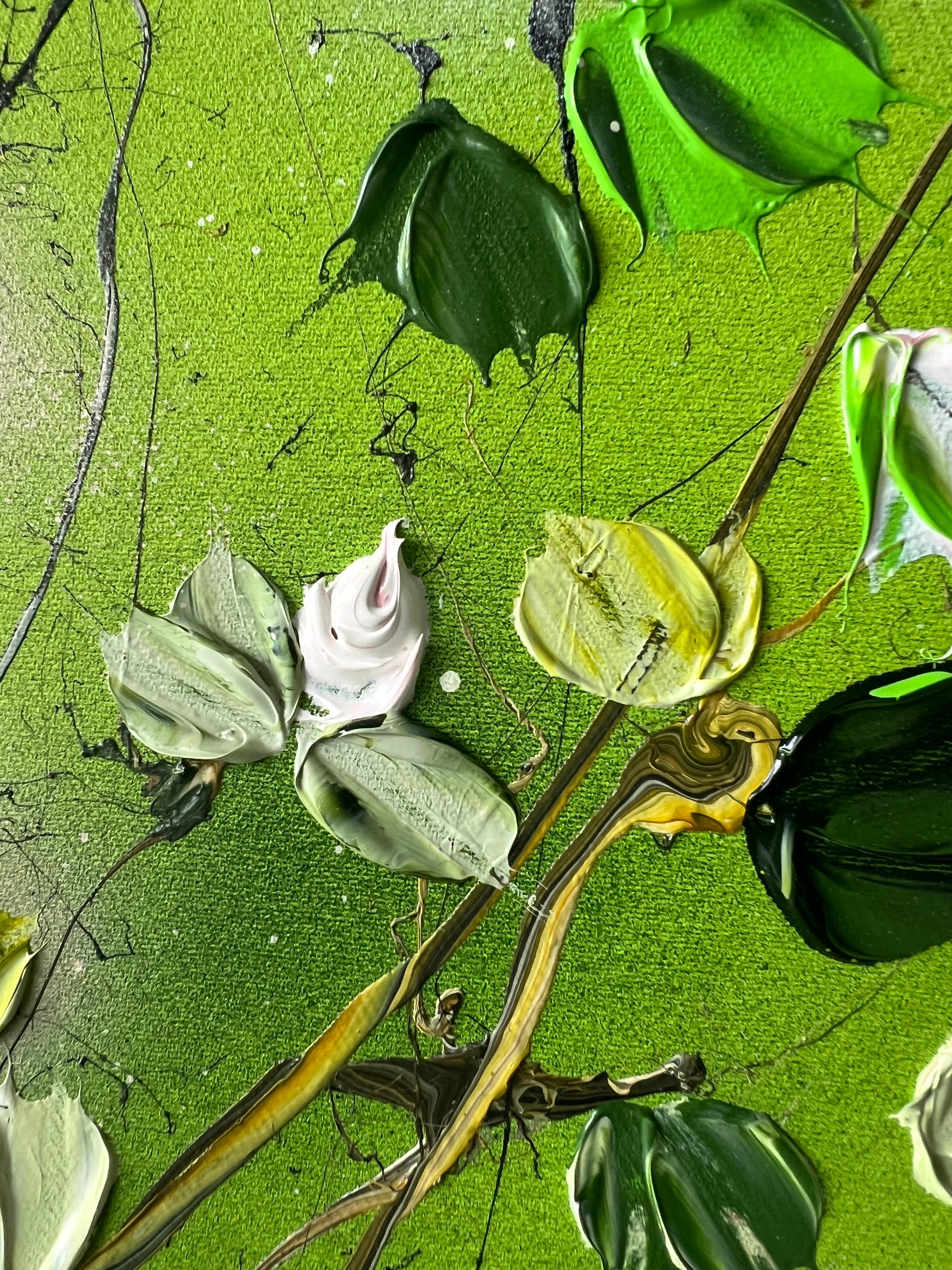 « Green FLOWers », très grande peinture florale horizontale texturée avec roses en vente 7