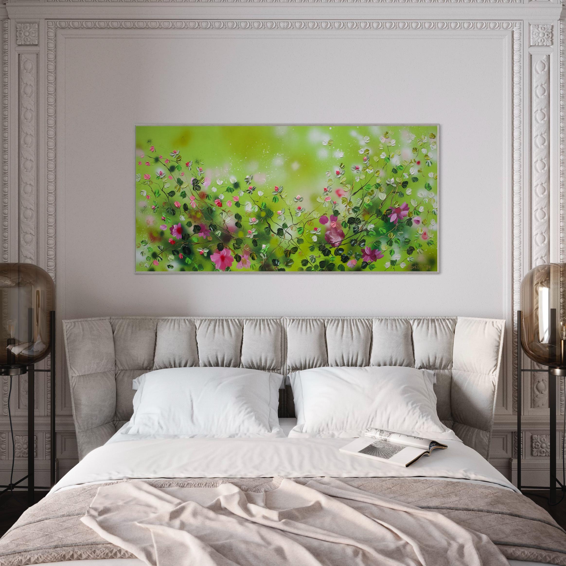 « Green FLOWers », très grande peinture florale horizontale texturée avec roses en vente 8