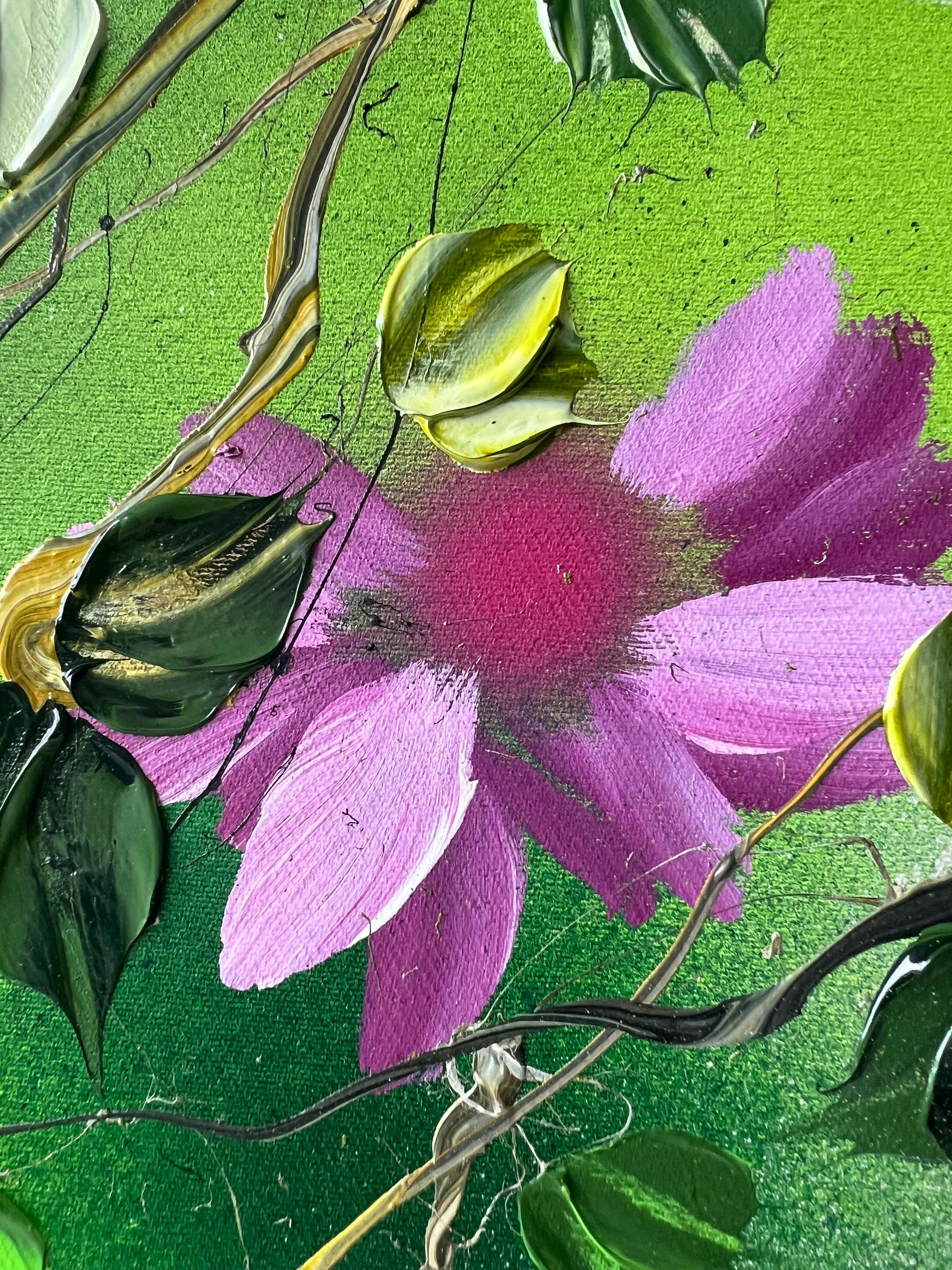 « Green FLOWers », très grande peinture florale horizontale texturée avec roses en vente 9