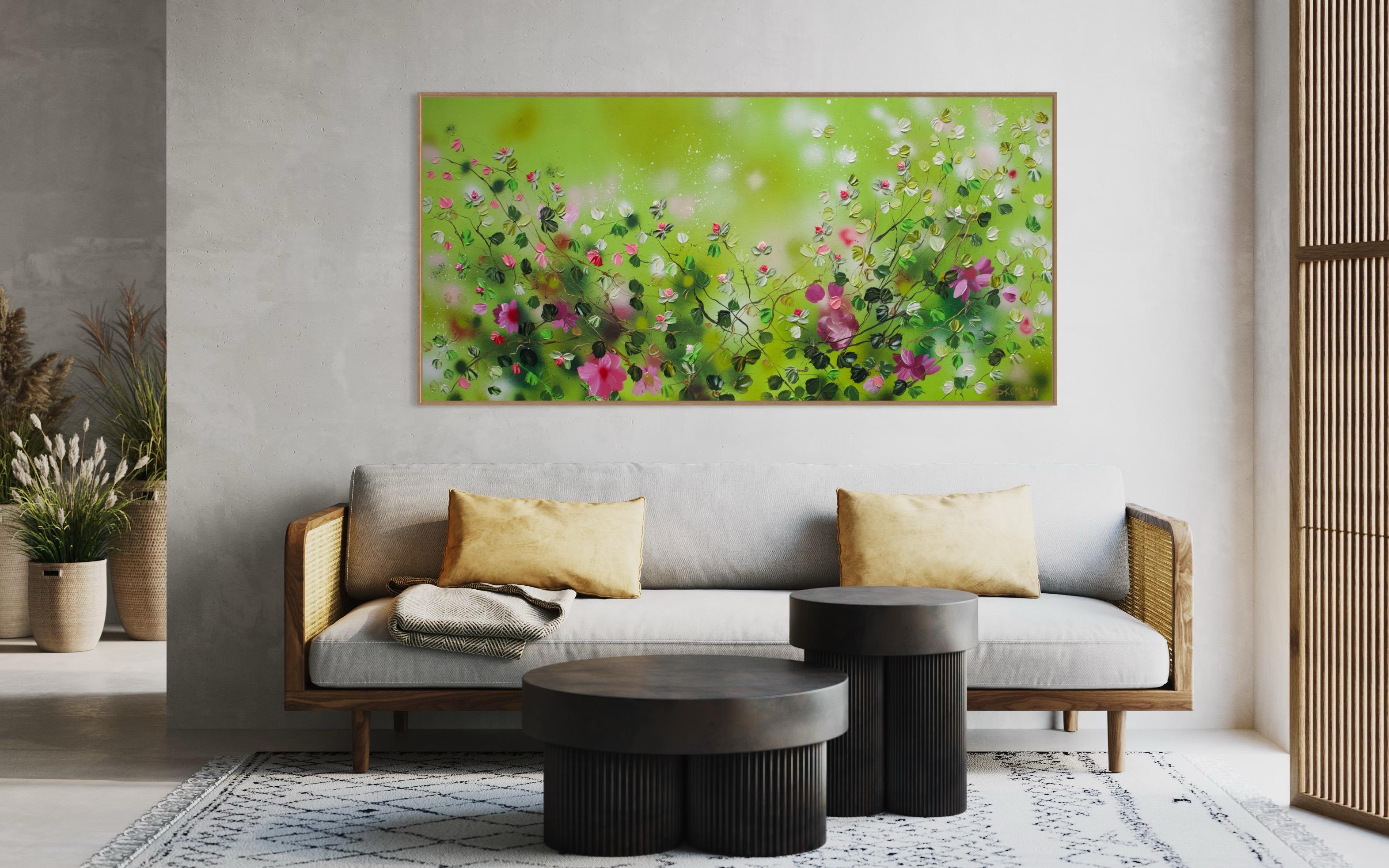 « Green FLOWers », très grande peinture florale horizontale texturée avec roses en vente 10