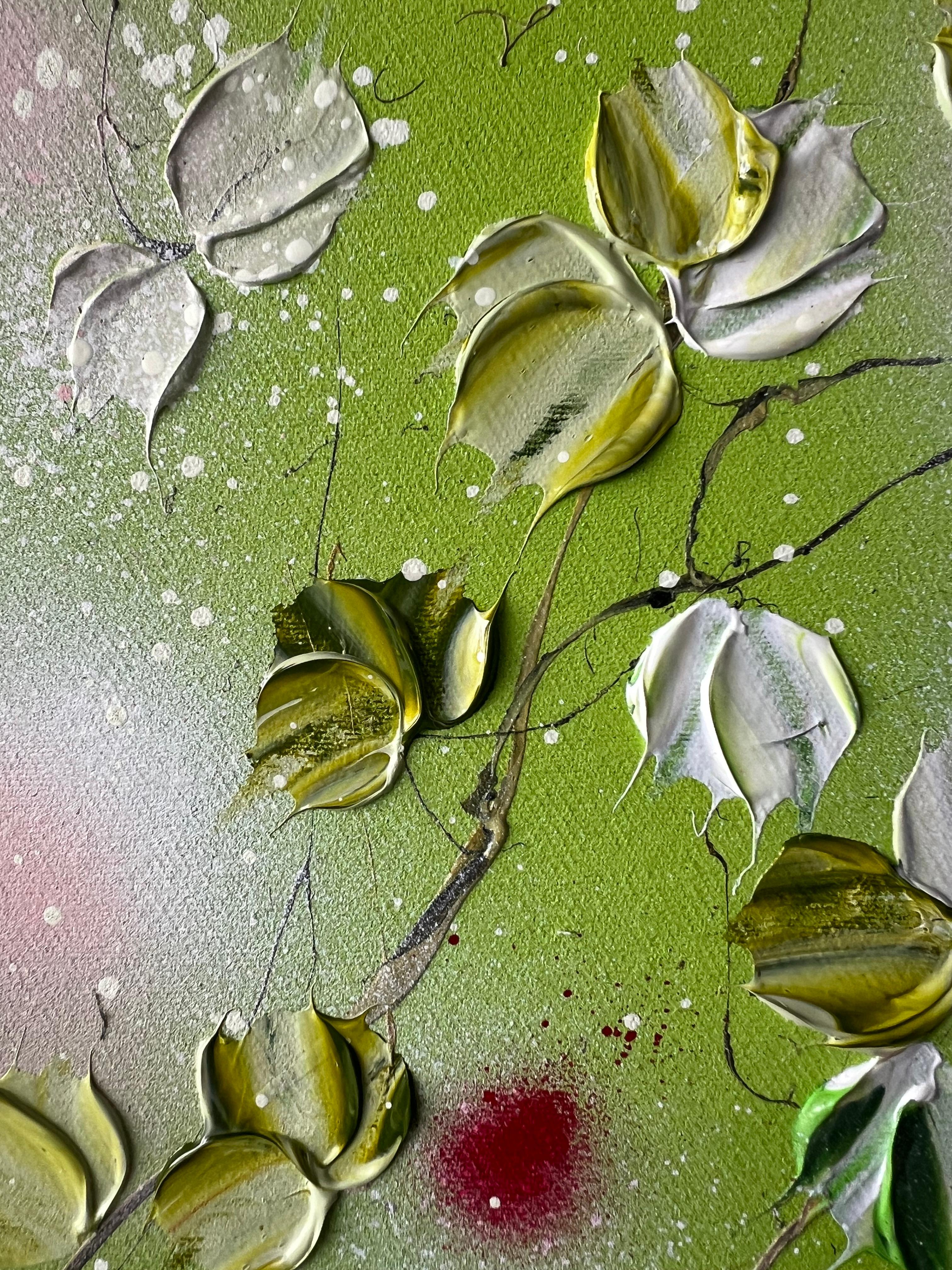 « Green FLOWers », très grande peinture florale horizontale texturée avec roses en vente 11