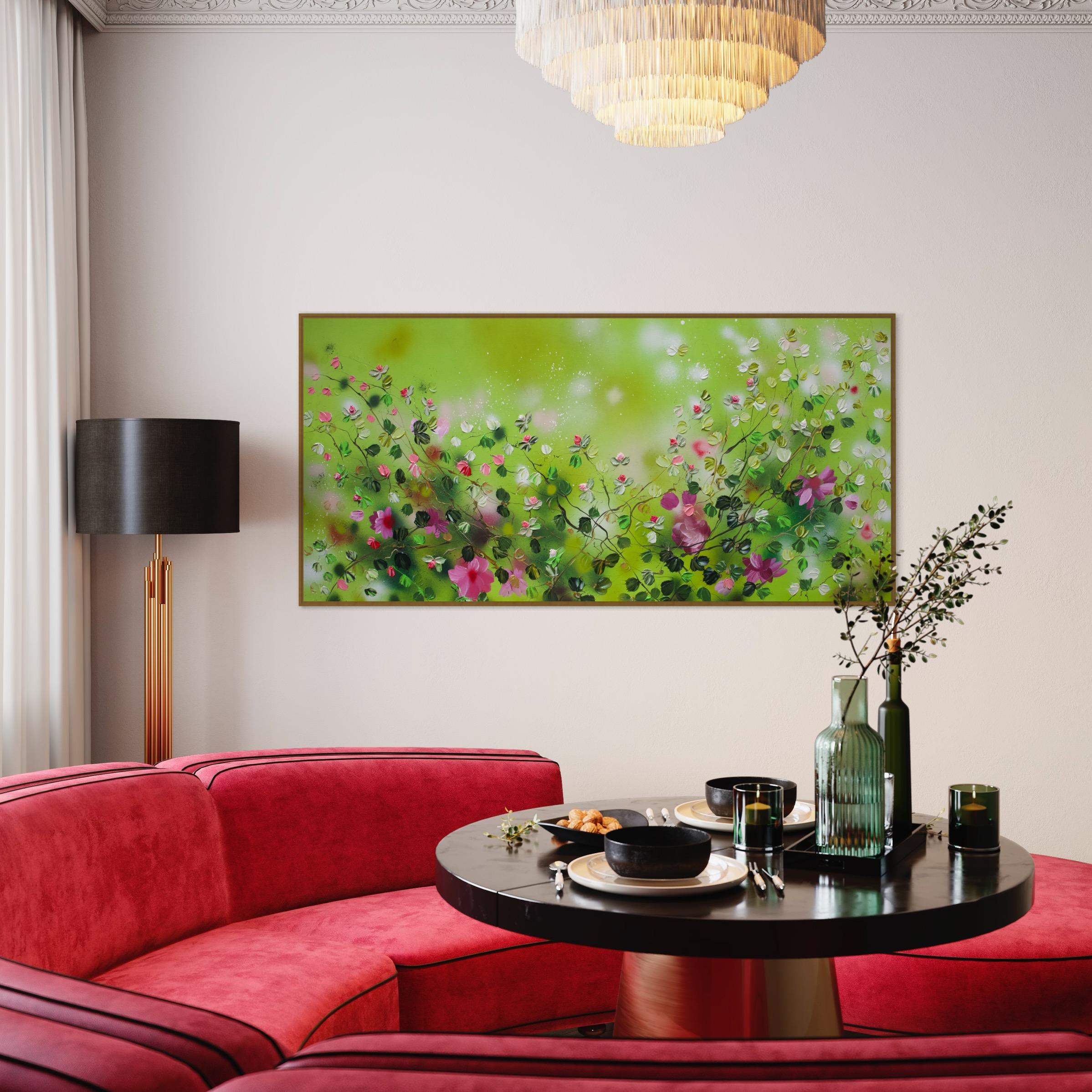 « Green FLOWers », très grande peinture florale horizontale texturée avec roses en vente 12