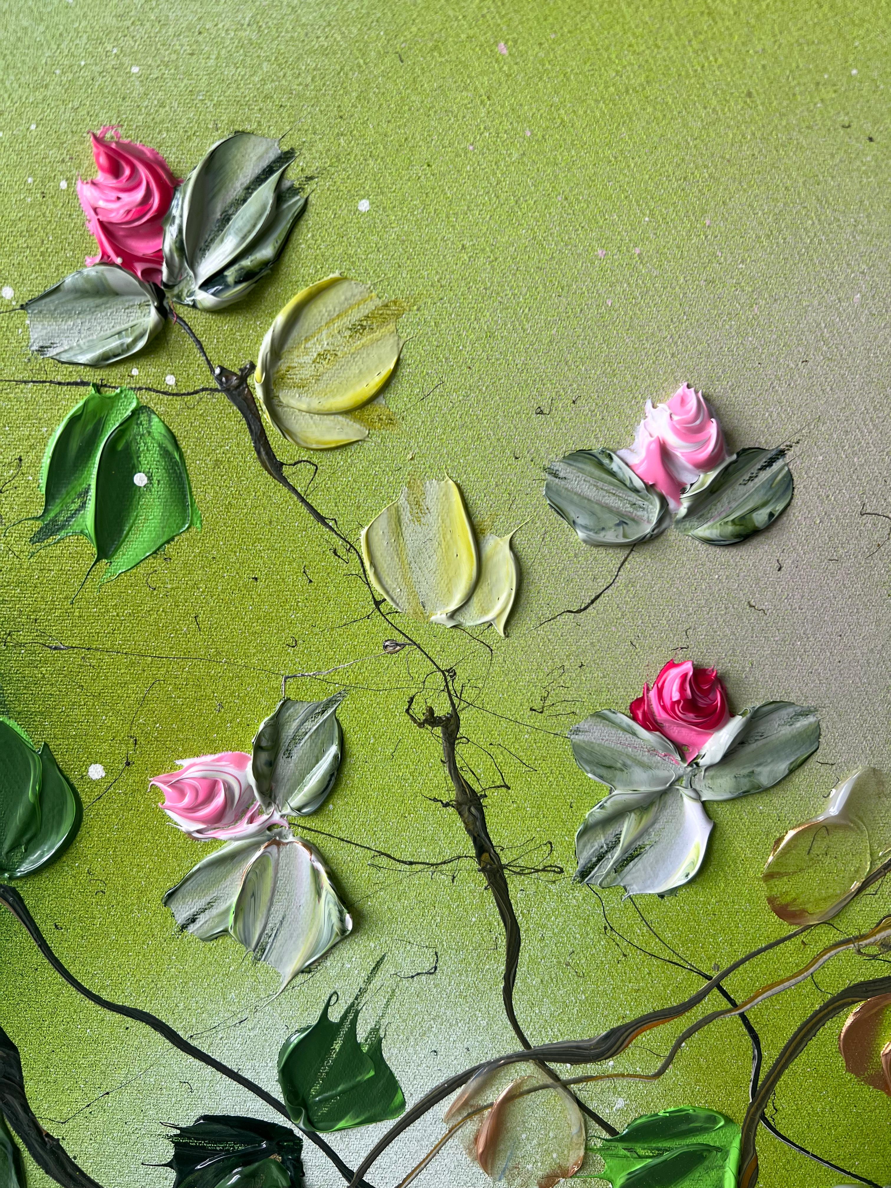 « Green FLOWers », très grande peinture florale horizontale texturée avec roses en vente 14