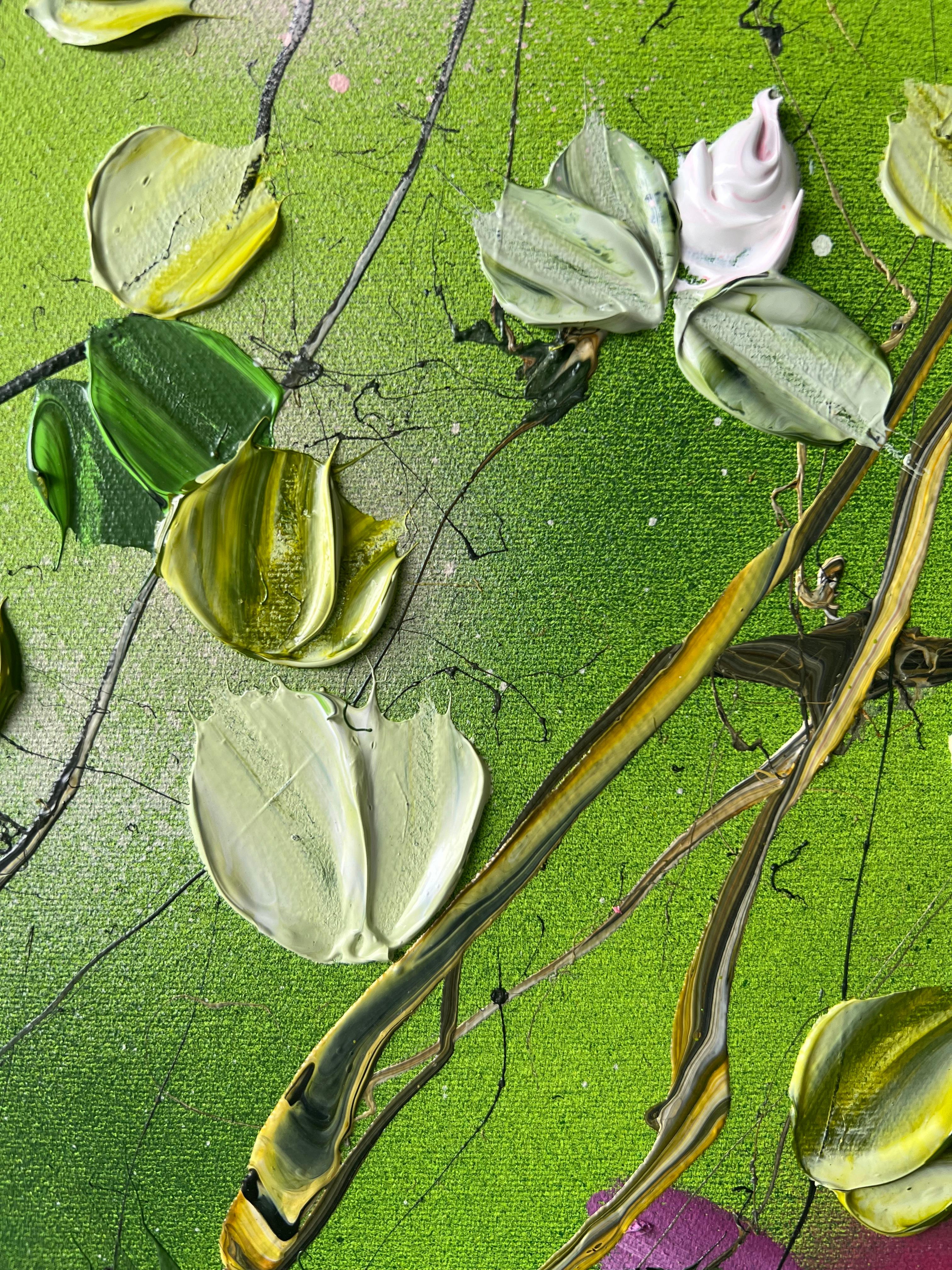 „Green FLOWers“ florales, sehr großes, horizontales, strukturiertes Blumengemälde mit Rosen im Angebot 13