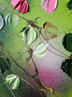 "Green FLOWers" floral very large floral horizontal textured painting with roses