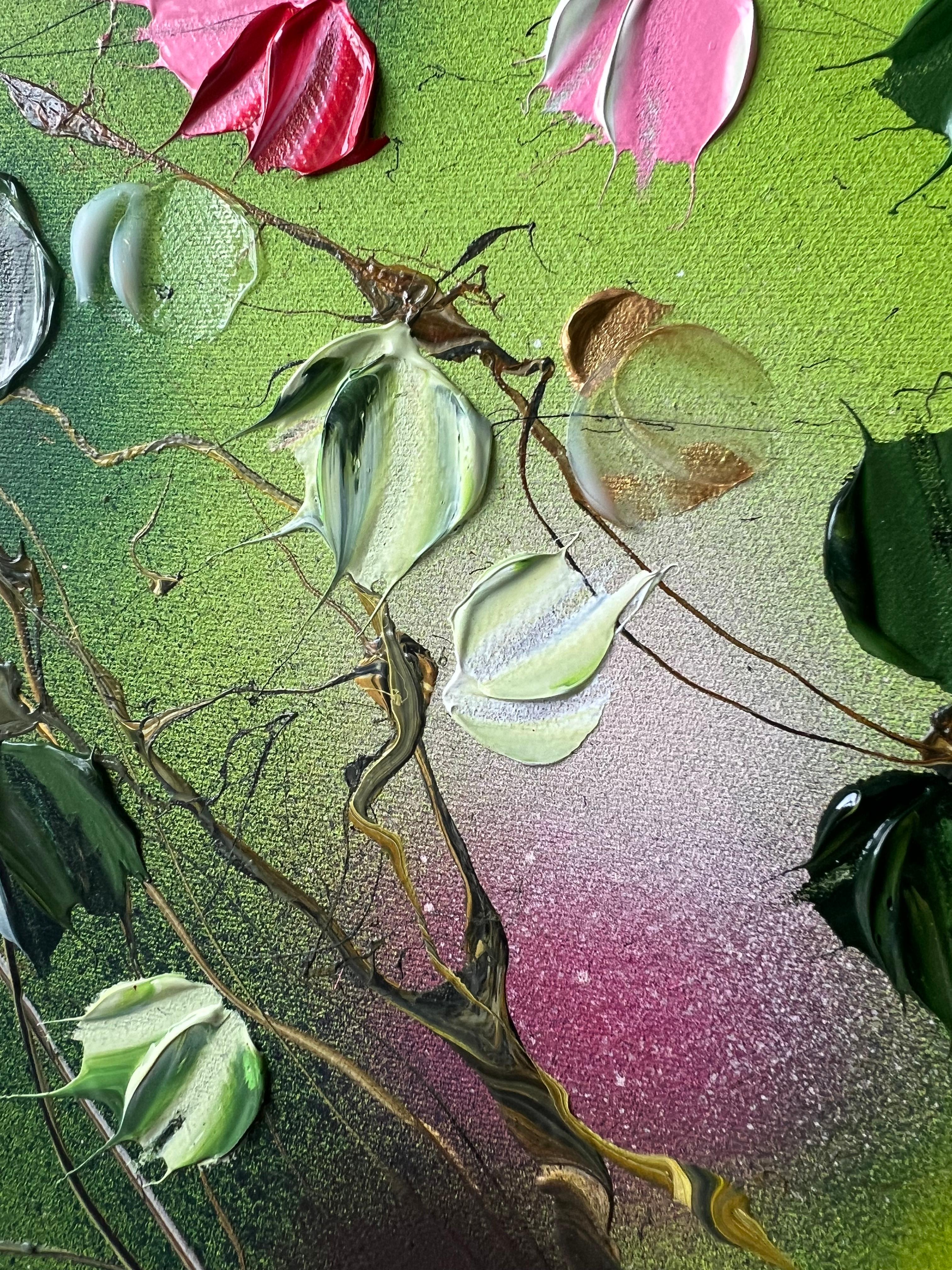 « Green FLOWers », très grande peinture florale horizontale texturée avec roses - Painting de Anastassia Skopp