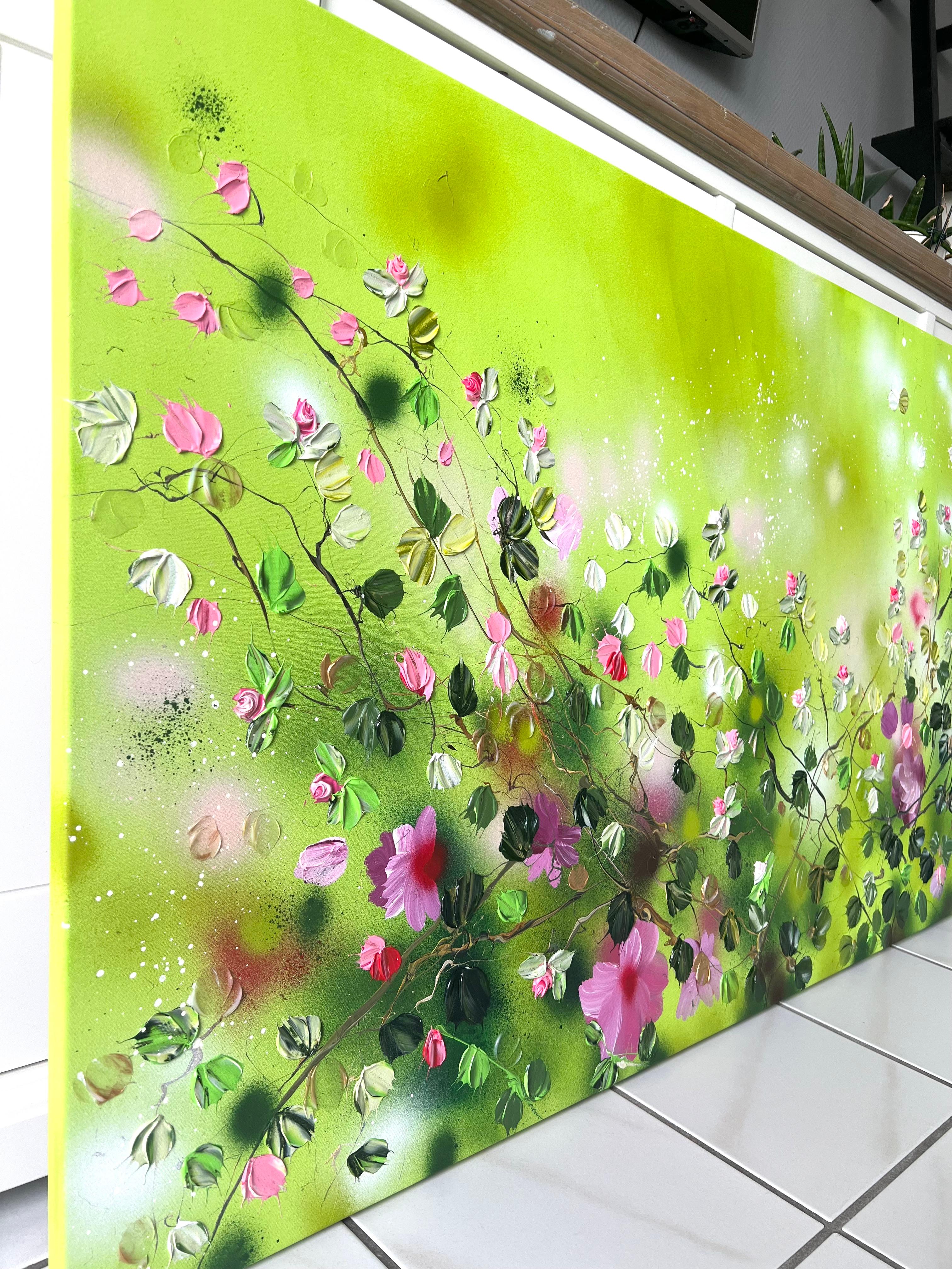« Green FLOWers », très grande peinture florale horizontale texturée avec roses - Abstrait Painting par Anastassia Skopp