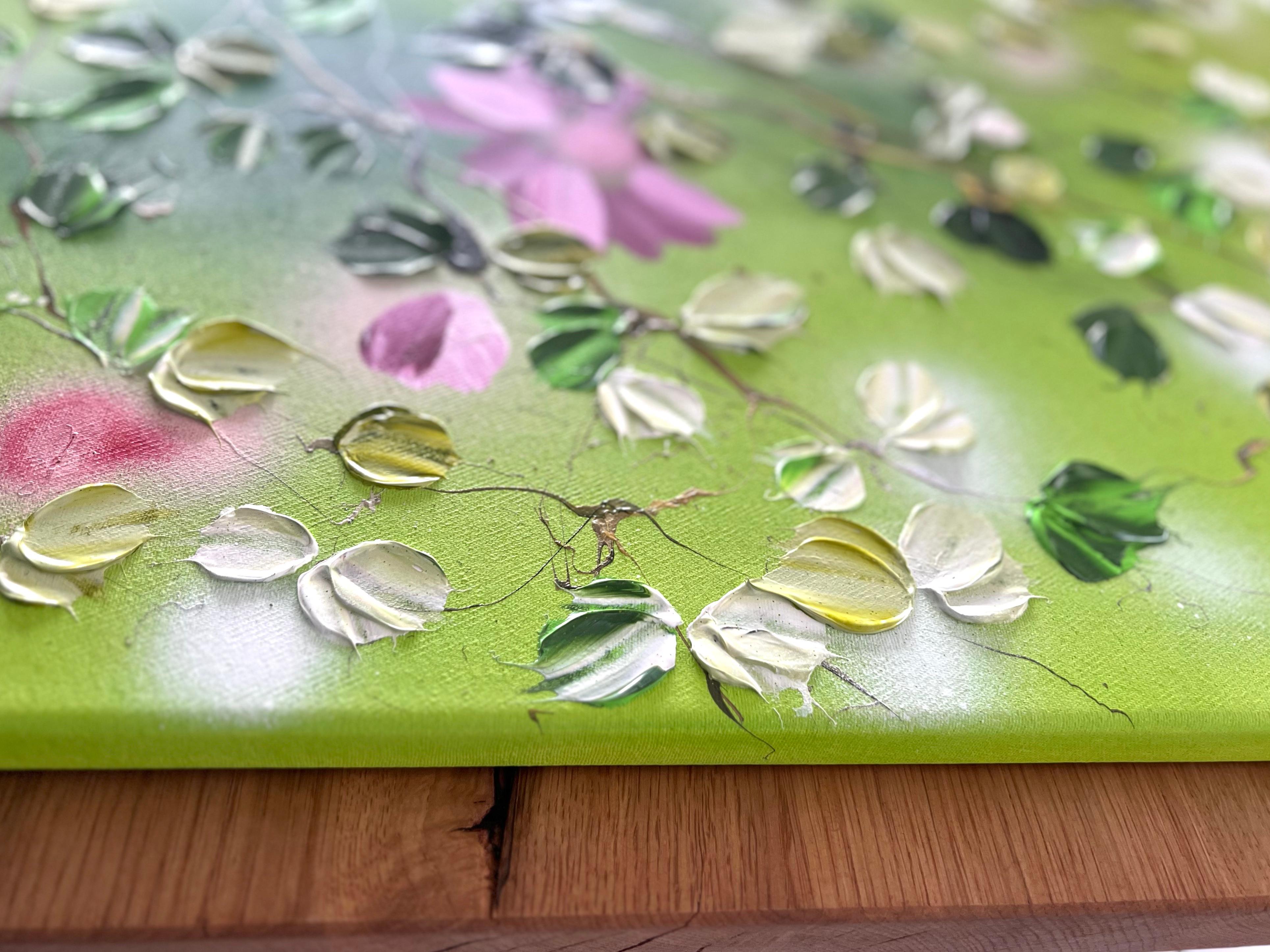 « Green FLOWers », très grande peinture florale horizontale texturée avec roses en vente 2