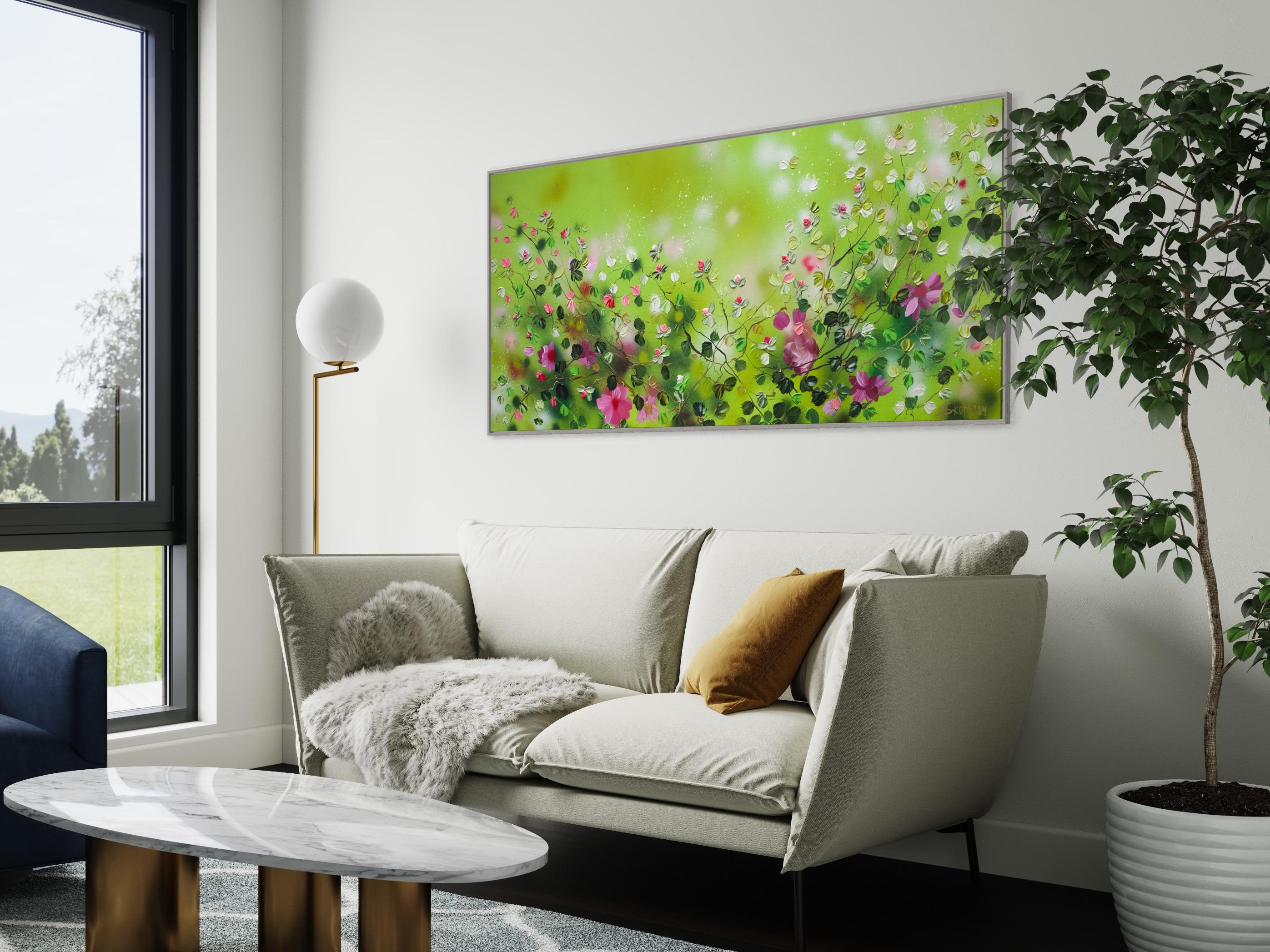 « Green FLOWers », très grande peinture florale horizontale texturée avec roses en vente 3