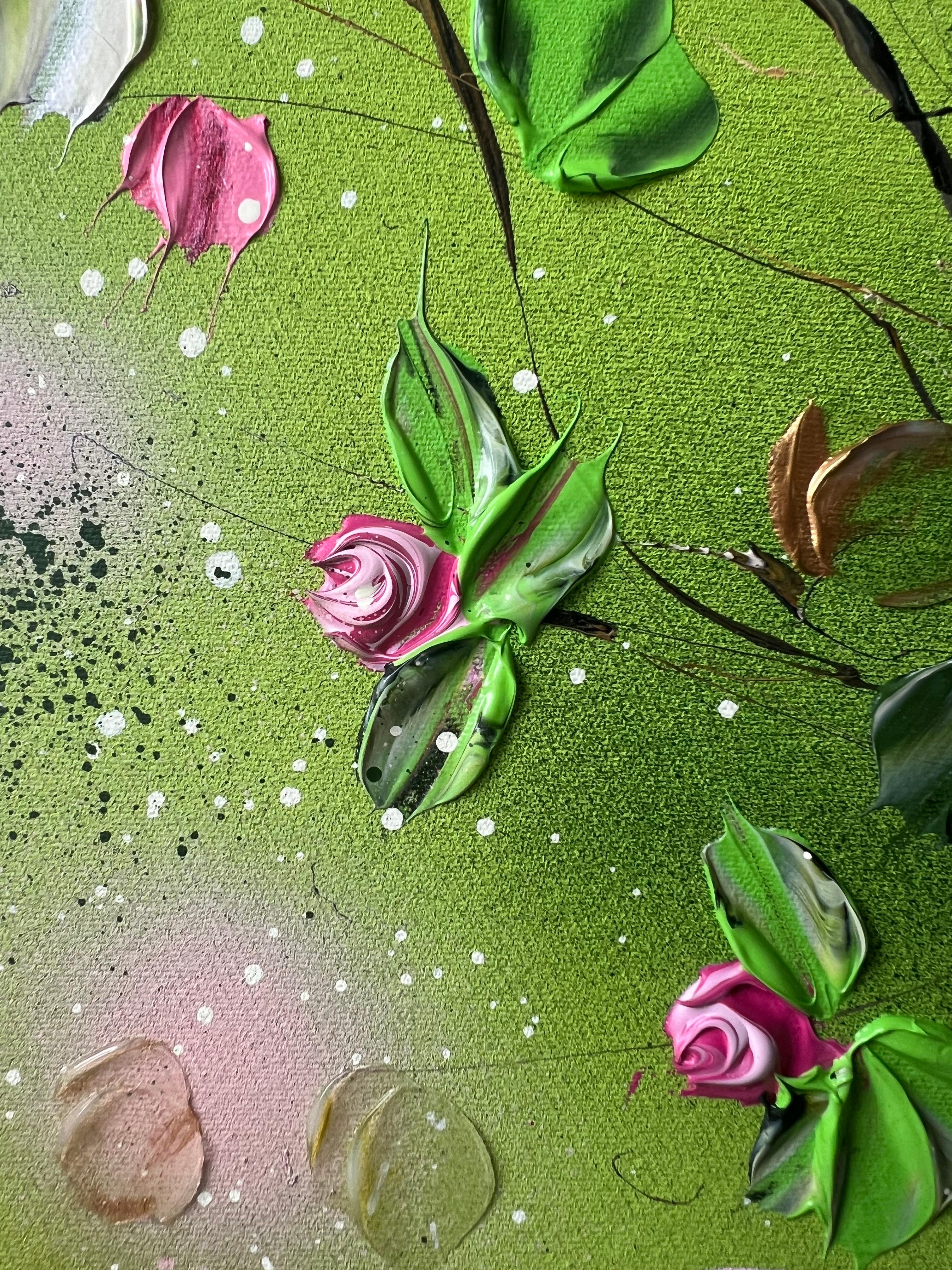 « Green FLOWers », très grande peinture florale horizontale texturée avec roses en vente 4