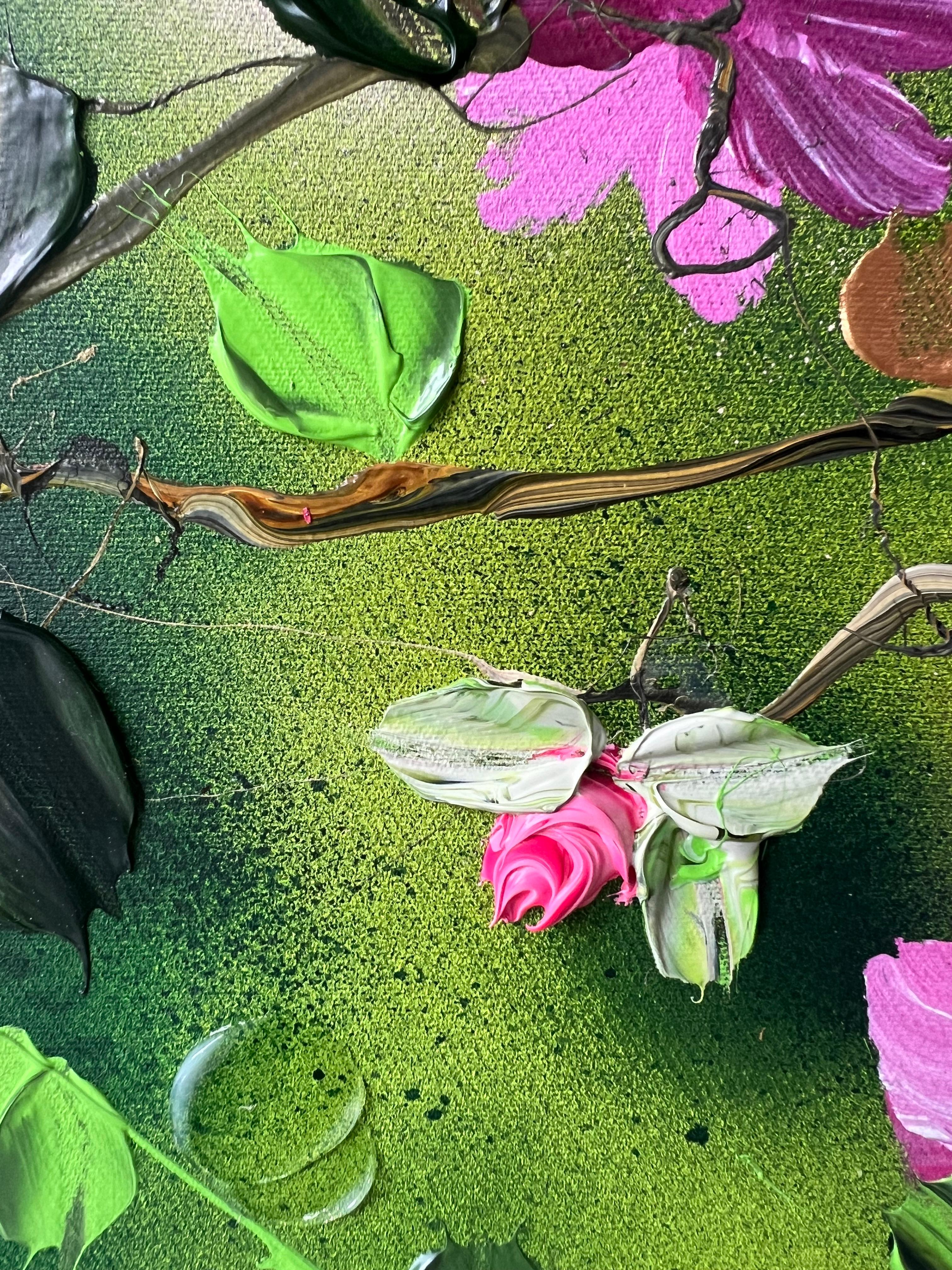 « Green FLOWers », très grande peinture florale horizontale texturée avec roses en vente 5