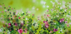 "Green FLOWers" floral very large floral horizontal textured painting with roses