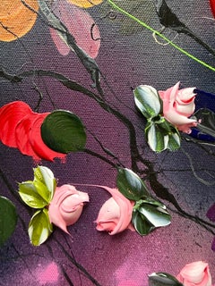 "Sueños de Hanami" pintura colorida de gran tamaño con textura floral empastada sobre lienzo de lino