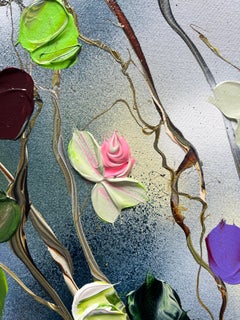 "Happy Blooms" grey green square roses romantic textured painting on canvas